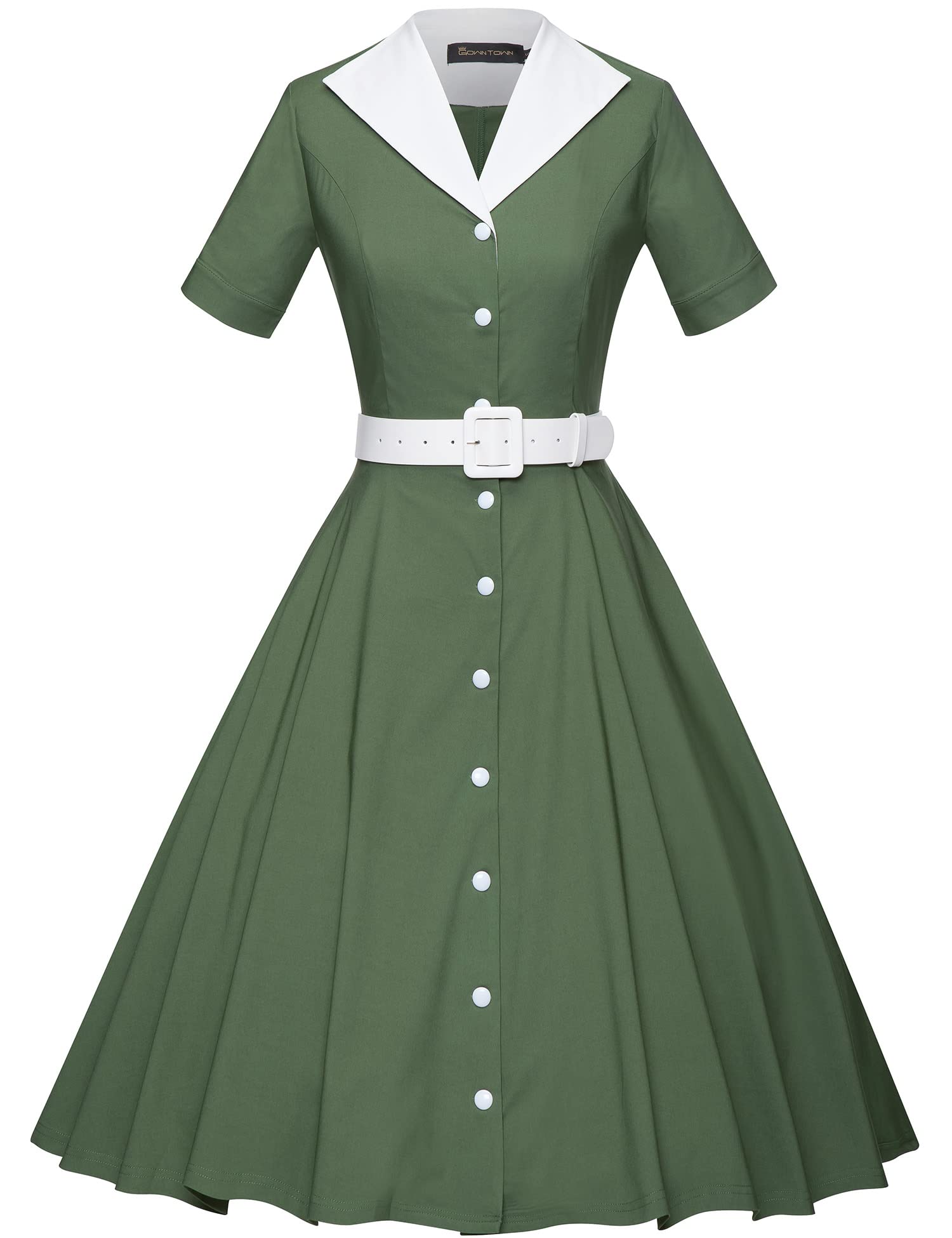 GownTown 1950s Vintage Women's Midi Shirt Dress with Belt - Elegant Cocktail Party & Office Wear for Women