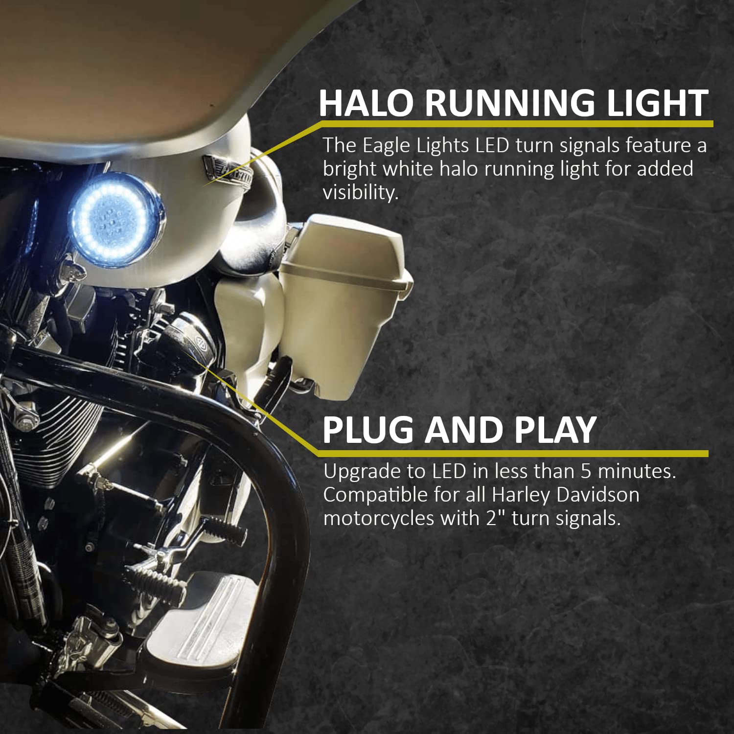 Eagle Lights 8748TS-C-LR 2 Inch Front LED Turn Signals with White Halo Running Lights for Harley Davidson Motorcycles - Compatible with Generation I, 1157 Base, Clear Lenses & Load Resistors - Perfect for Night Riding and Enhanced Visibility