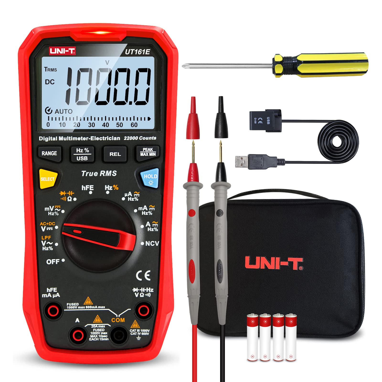 UNI-T UT161E True RMS Digital Multimeter - 1000V AC/DC Voltage Tester, Ohm Meter, Capacitance & Frequency Tester with 22000 Counts, USB Data Transfer, NCV, hFE & LPF - Perfect for Electricians, DIY Home Repairs & Automotive Diagnostics