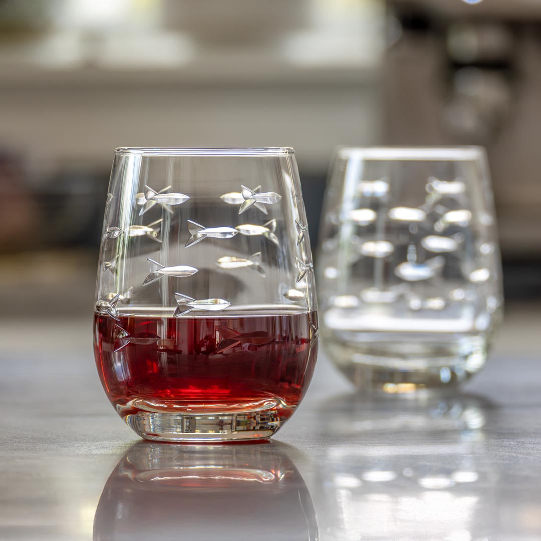 Set of 4 Clear Stemless Wine Tumbler Glasses - 15oz Fish Design for School of Fish Lovers | Perfect for Parties, Gifts & Home Bar Decor