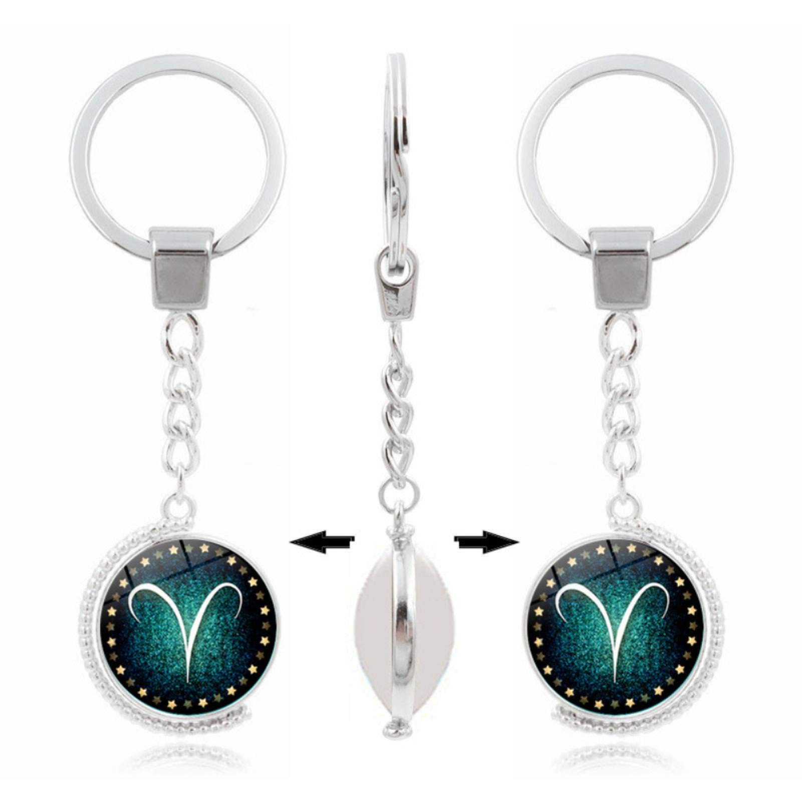 12 Constellations Double-Sided Rotatable Glass Cabochon Pendant Keychain - Zodiac Key Ring for Women & Men - Perfect for Car Keys, Gifts, and Daily Accessories