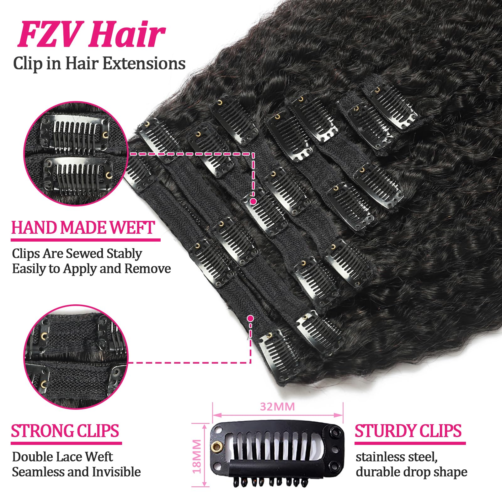 Kinky Straight Clip-In Hair Extensions 20 Inch - 8Pcs 120g Real Human Brazilian Remy Hair - Natural Black Double Weft for Women | Perfect for Volume, Length & Styling for Parties, Weddings & Daily Wear