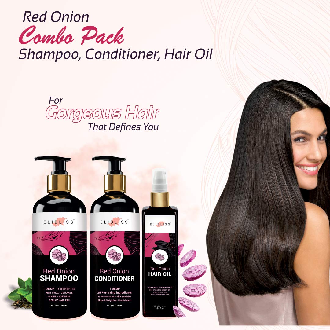 ELIBLISS Red Onion Shampoo, Conditioner & Hair Oil Set (300ml + 300ml + 200ml) - Natural Hair Growth Treatment for Thinning Hair, Damaged Hair & Scalp Care - Perfect for Daily Hair Care Routine & Salon-Quality Results at Home