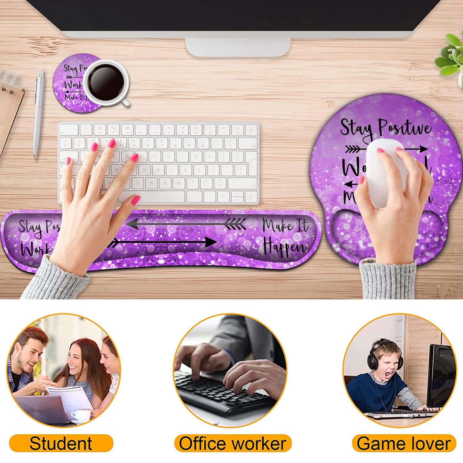 Ergonomic Keyboard Wrist Rest and Mouse Pad Set with Support - Purple Glitter Design for Pain Relief & Comfort | Perfect for Office Work, Gaming, and Long Computer Sessions