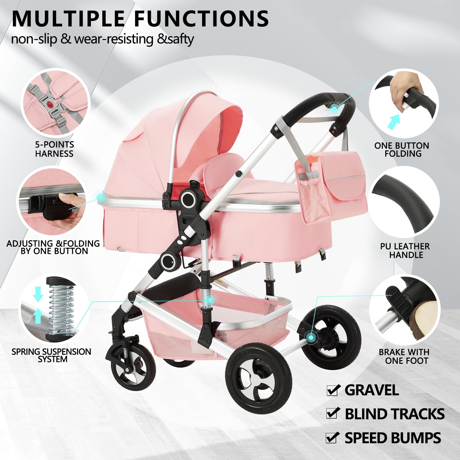 Kinder King 2 in 1 Convertible Baby Stroller - Lightweight Folding Travel Stroller with Reversible Bassinet & Adjustable Canopy | Includes Diaper Bag | Perfect for Newborns & Infants (Pink) | Ideal for Shopping, Travel & Daily Walks