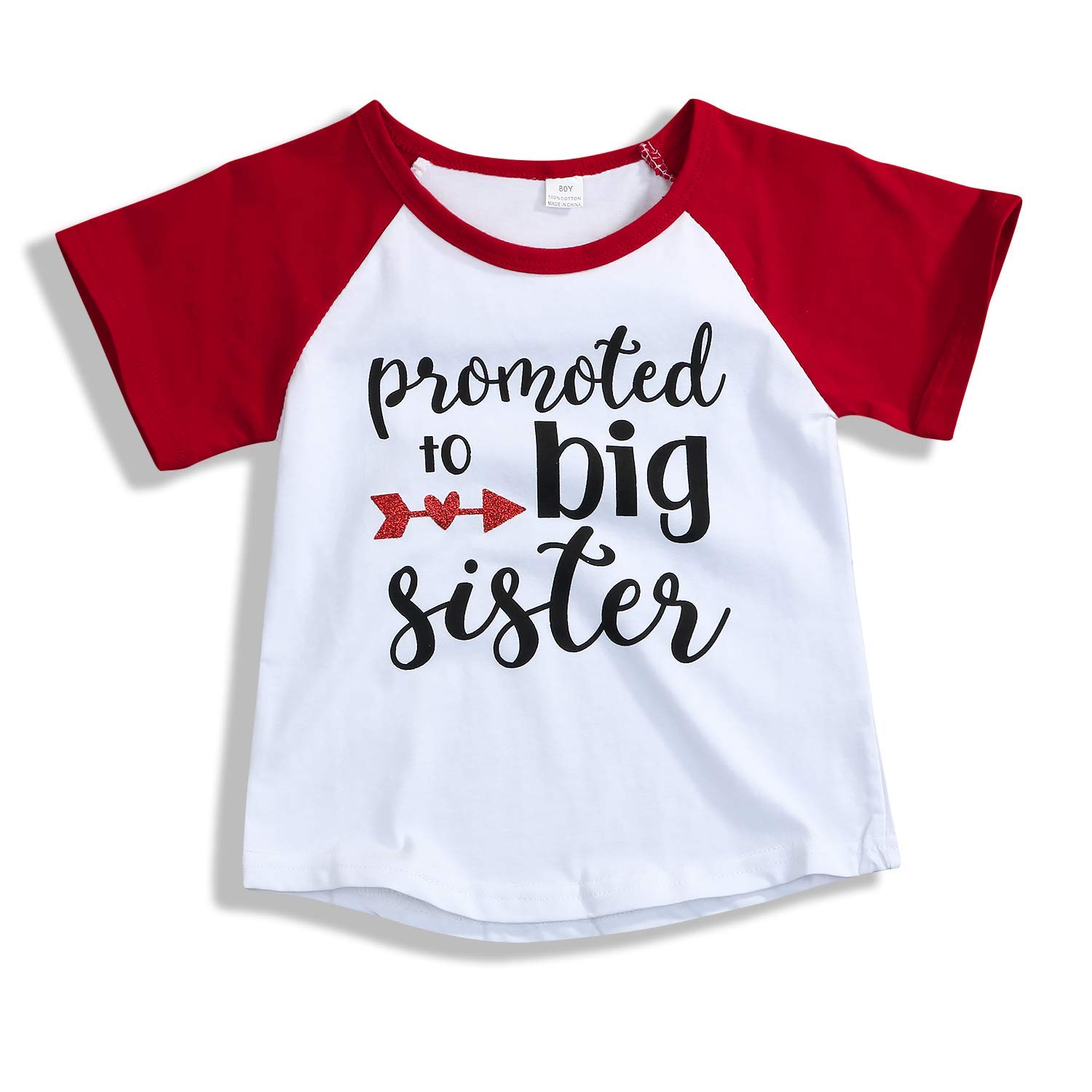 Willow Dance Baby Girl Cotton Short Sleeve Big Sister T-Shirt - Red Letter Print Top for Toddler Daily Wear, Family Photos & Sibling Matching Outfits