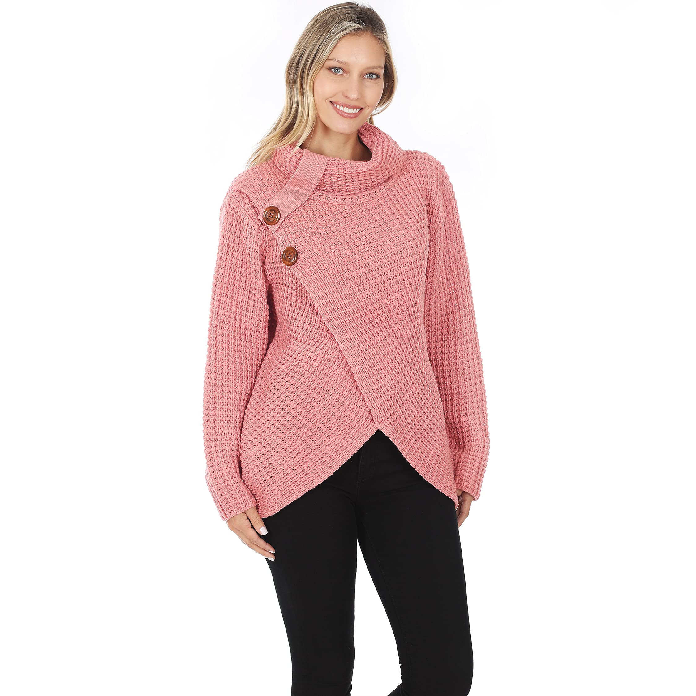 Women's Long Sleeve Asymmetric Hem Cowl Neck Knit Wrap Pullover Sweater - Ash Mocha (Medium) | Cozy Winter Fashion for Casual Outings & Office Wear