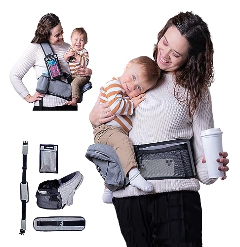 Ergonomic Baby Carrier with Waist Extension & Shoulder Harness - Safety Certified Hip Seat for Newborns & Toddlers - Includes Phone Holder & Insulated Bottle Pouch - Perfect for Shopping, Travel & Hands-Free Parenting (Grey)