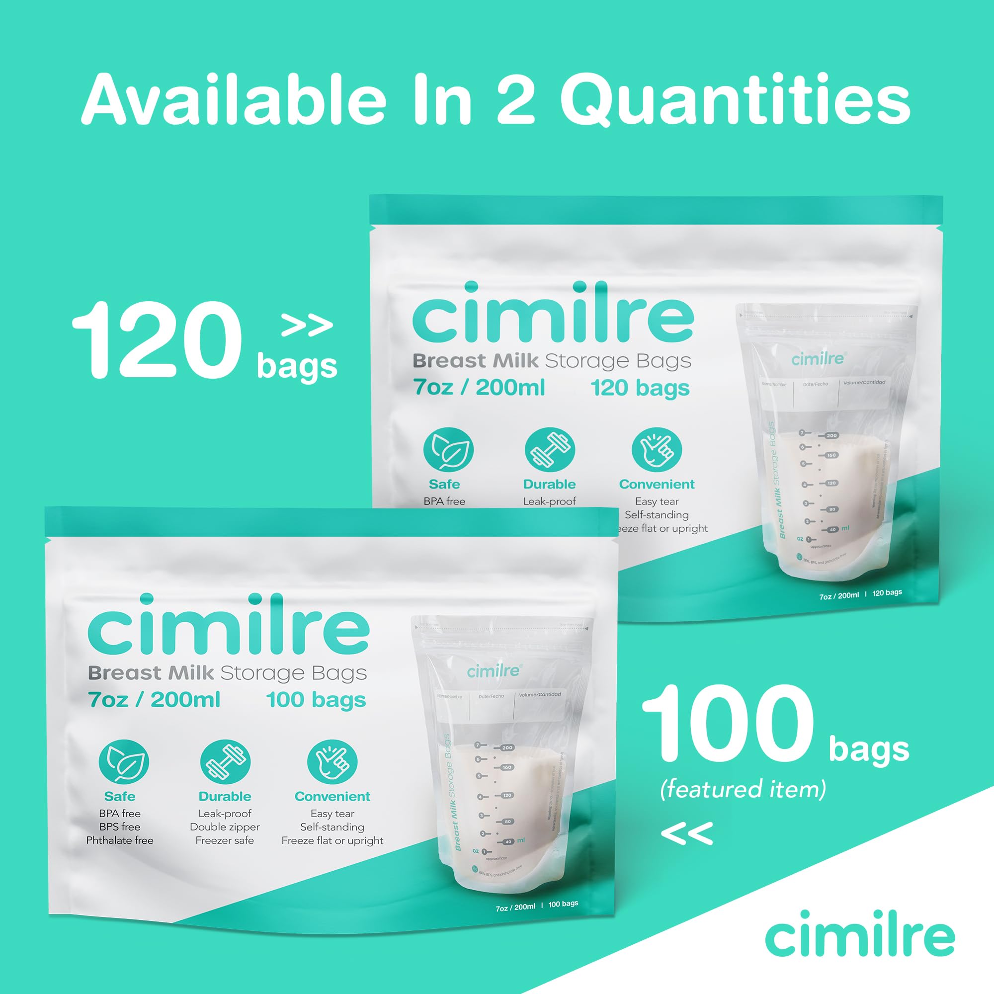 Cimilre Breast Milk Storage Bags - 100 Pack (7 oz) Leak-Proof, BPA-Free for Safe Breastmilk Storage - Freeze Flat or Stand Upright - Perfect for Pumping, Travel & Long-Term Freezing