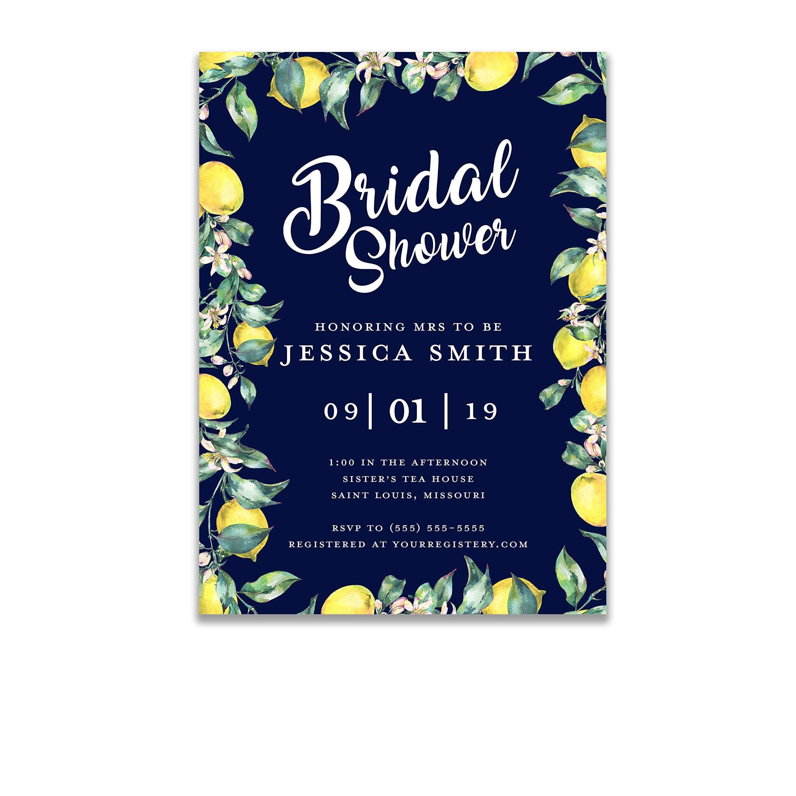 Personalized Bridal Shower Invitations with Envelopes - 5x7 Inch Watercolor Lemon Wreath & Navy Blue Design - Printed Custom Wedding Shower Cards for Bridesmaids, Bachelorette Party & Wedding Events (10/25/50 Count Options)
