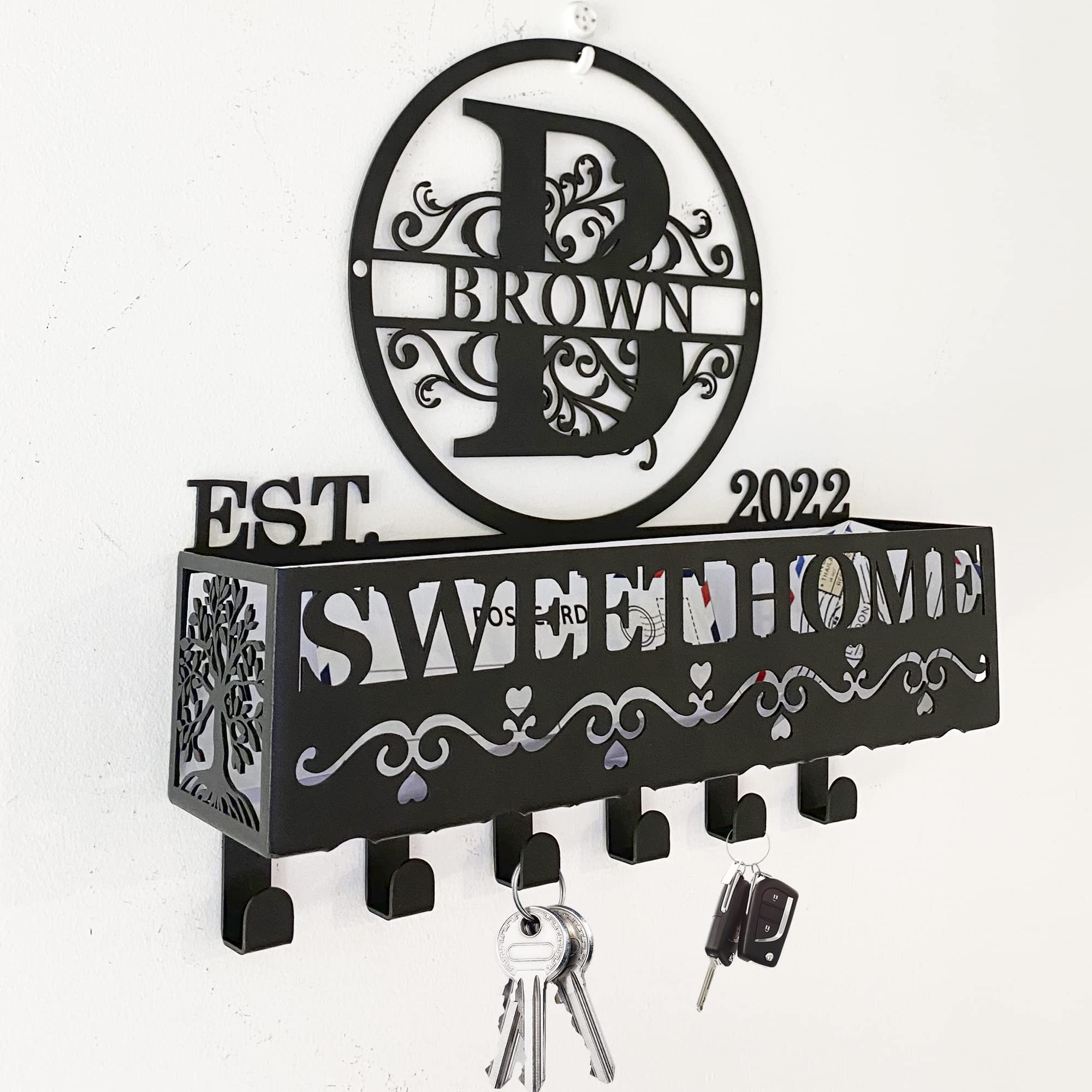Personalized Wall Key Holder with 6 Hooks - Custom Name Key Organizer for Mail & Keys - Rustic Home Decor for Entryway, Bedroom, or Office - Perfect Wedding & Housewarming Gift Idea
