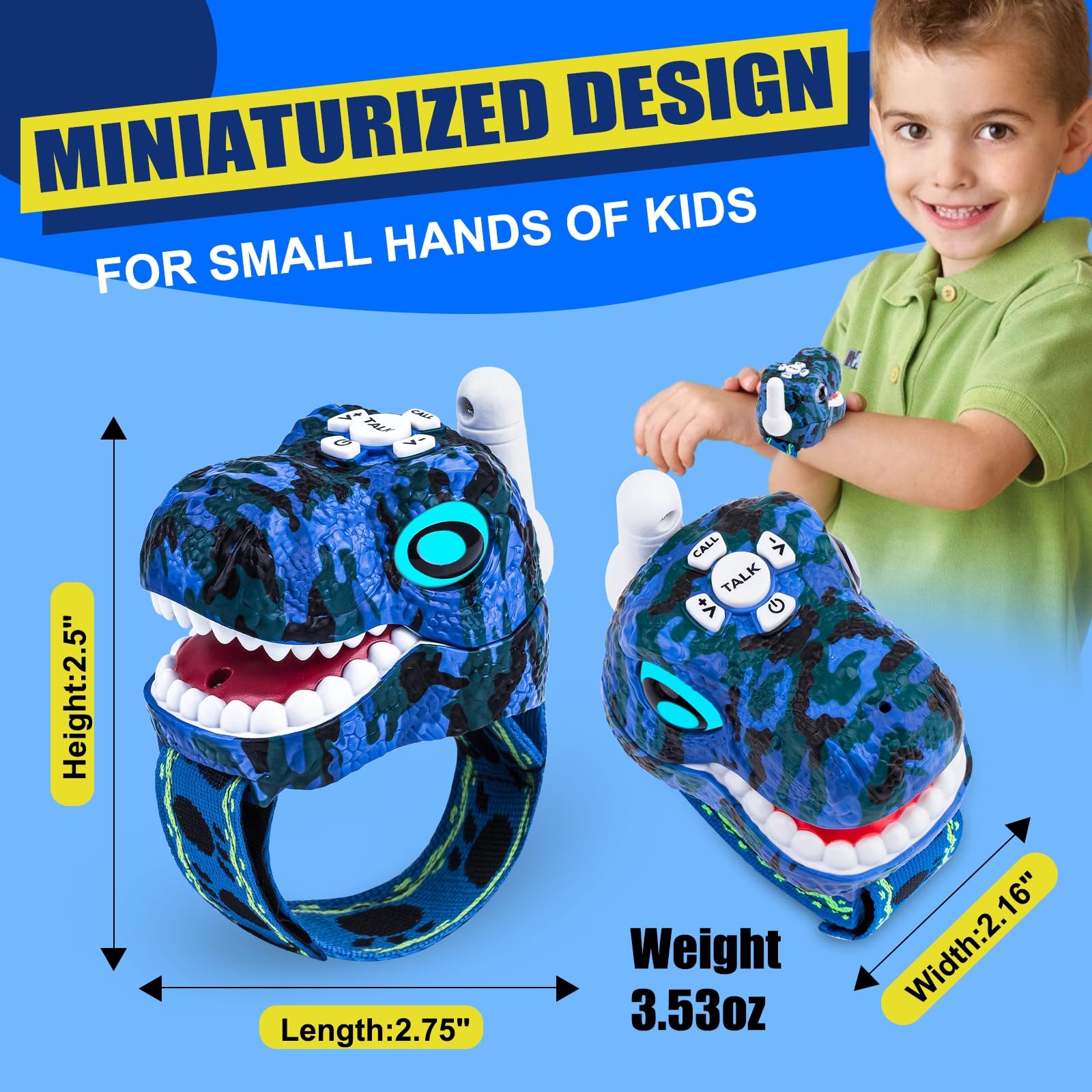 Dinosaur Walkie Talkies for Kids - 2 Way Radios Toys for Boys & Girls Ages 3-12 - Long Range Communication, 3 Channels - Perfect for Outdoor Adventures, Camping, Hiking & Birthday Gifts (Blue) - Ideal for Backyard Play, Family Trips & Emergency Preparedness