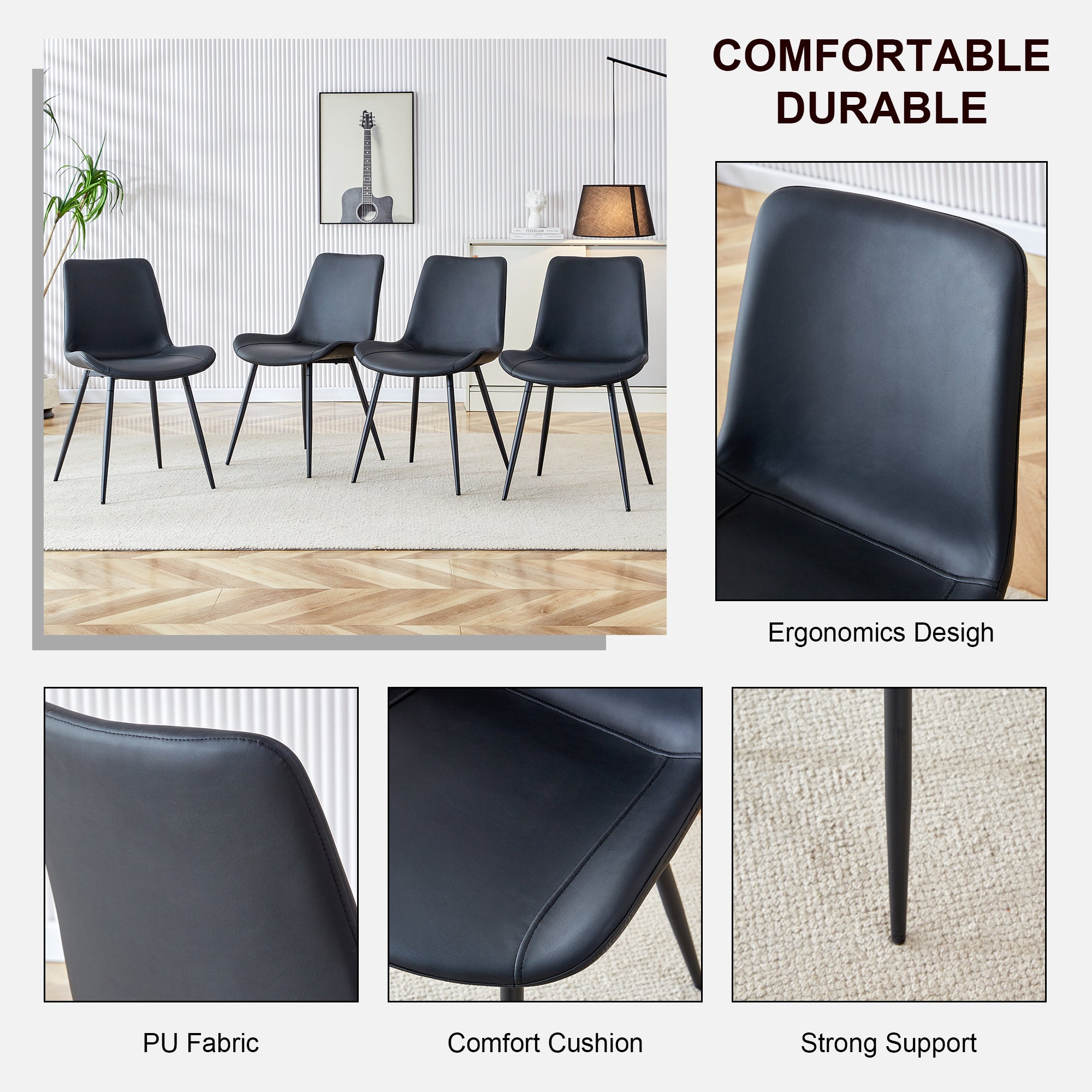Premium Black Faux Leather Dining Chairs with Metal Legs - Ergonomic Curved Backrest & Wide Cushion for Maximum Comfort - Set of 4 Modern Chairs for Restaurant, Kitchen, Bedroom & Office Use