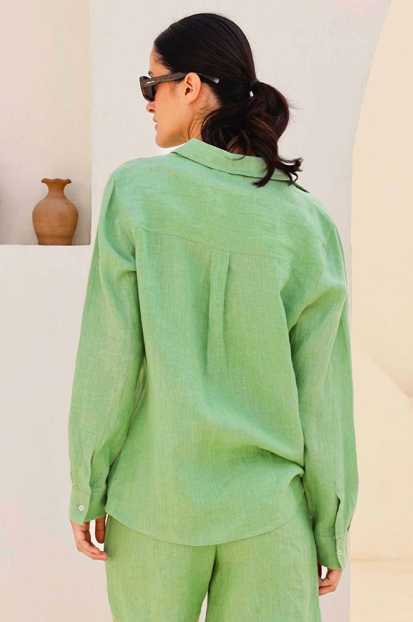 Women's Linen Shirt - Breathable & Lightweight Summer Top in Leaf Green | Casual Wear, Beach Outfit & Office Attire