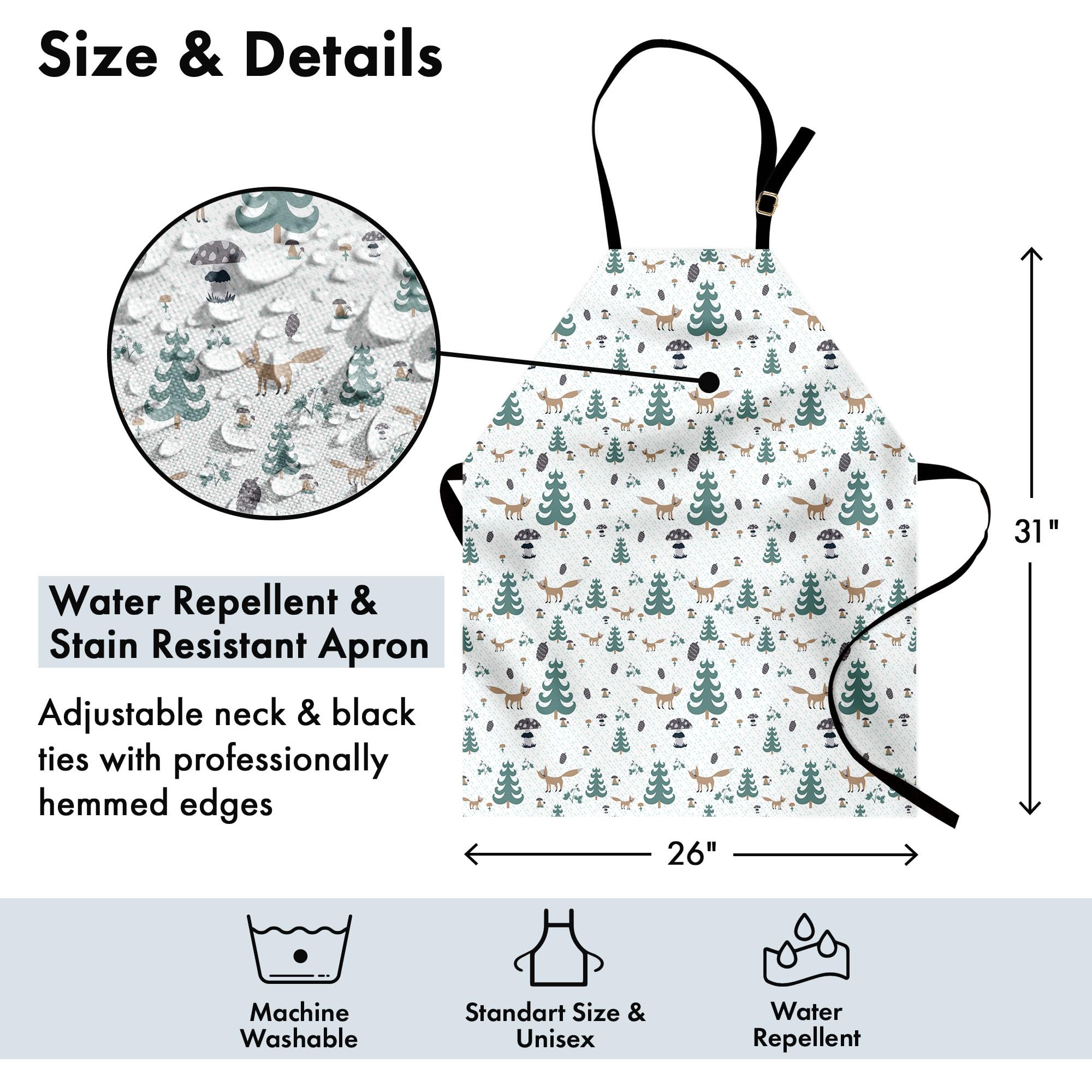 Ambesonne Forest Friends Apron - Unisex Adjustable Kitchen Bib Apron with Trees, Pine Cones, Foxes & Mushrooms Pattern - Perfect for Cooking, Baking, Gardening & Outdoor BBQ Parties