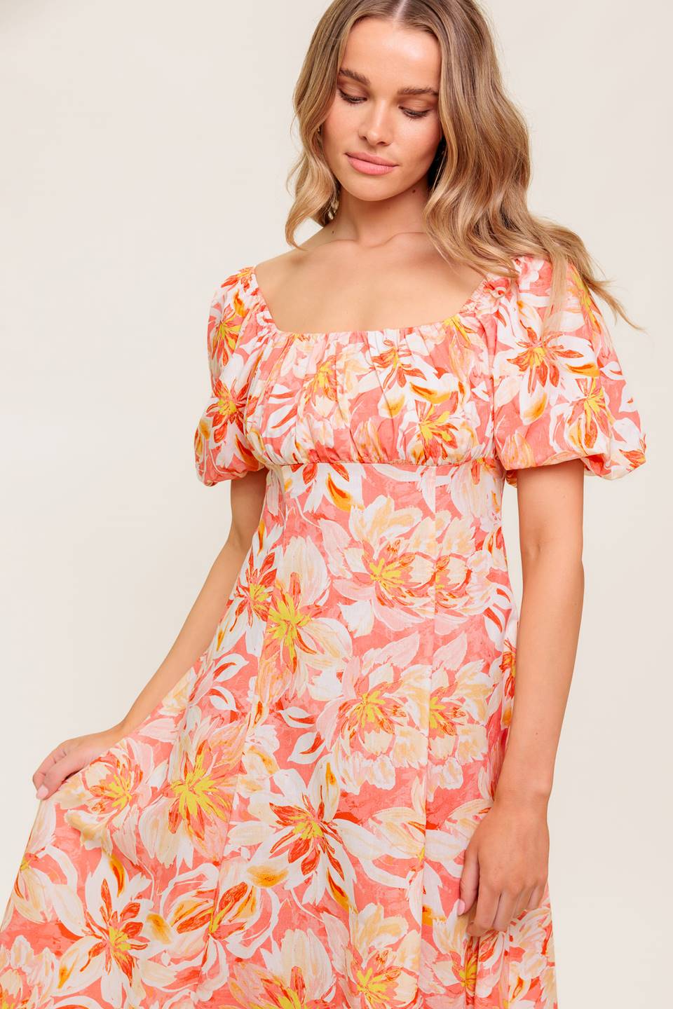 Island Flowers Puff Sleeve Midi Dress in Coral - Perfect for Summer Beach Vacations, Garden Parties & Boho Chic Outfits