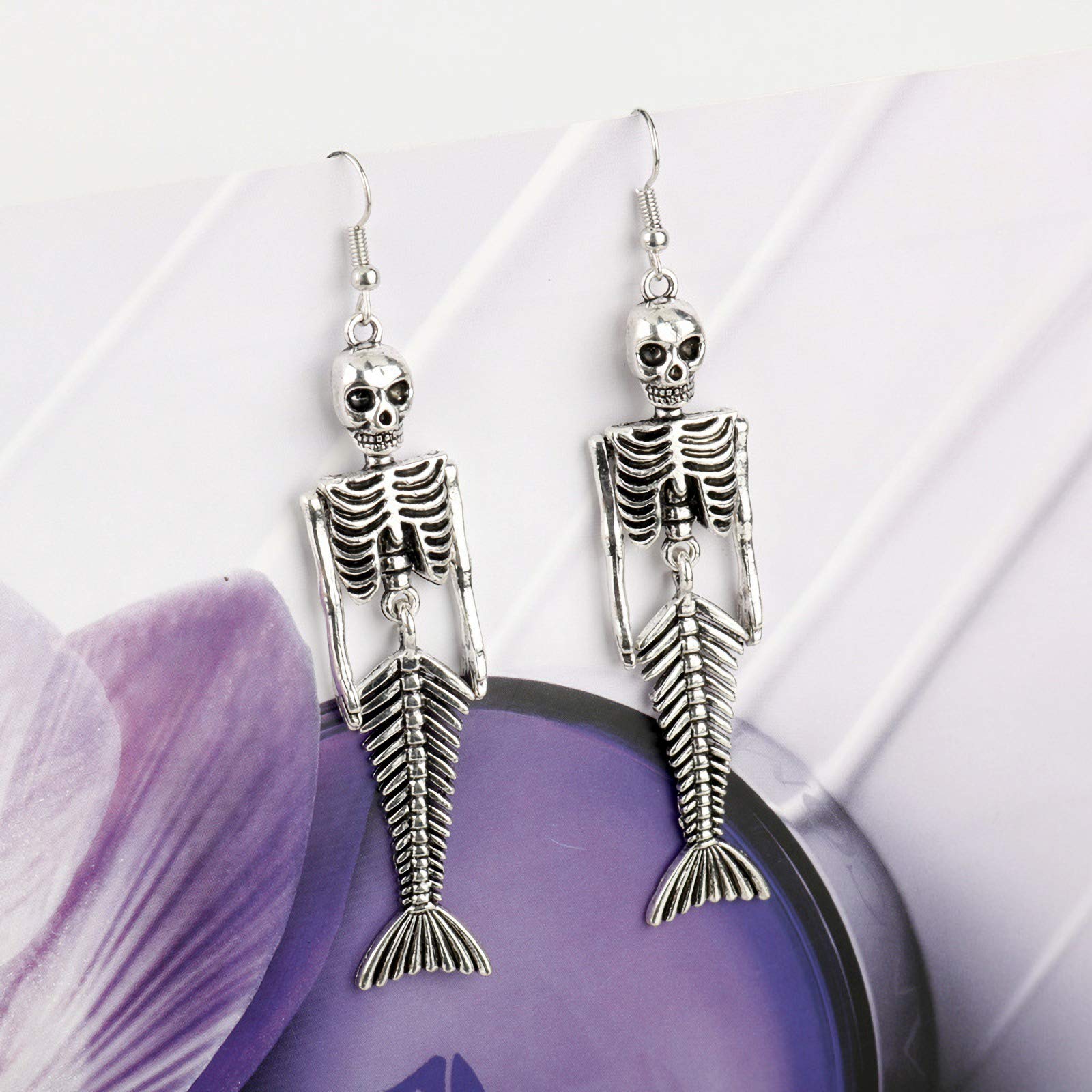 Vintage Silver Plated Human Skeleton Bones & Mermaid Skull Charm Dangle Earrings for Women & Men - Gothic Jewelry for Halloween, Cosplay, and Alternative Fashion