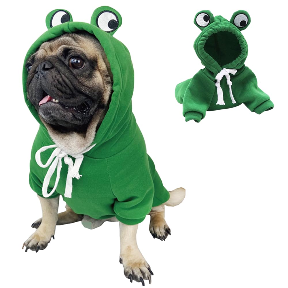 Funny Happy Dog Hoodies - Winter Hooded Puppy Sweatshirt Coat for Small Dogs (Girl & Boy) - Halloween Frog Costume for Chihuahua, Pomeranian, Yorkie & Kittens - Green X-Large - Perfect for Cold Weather & Costume Parties