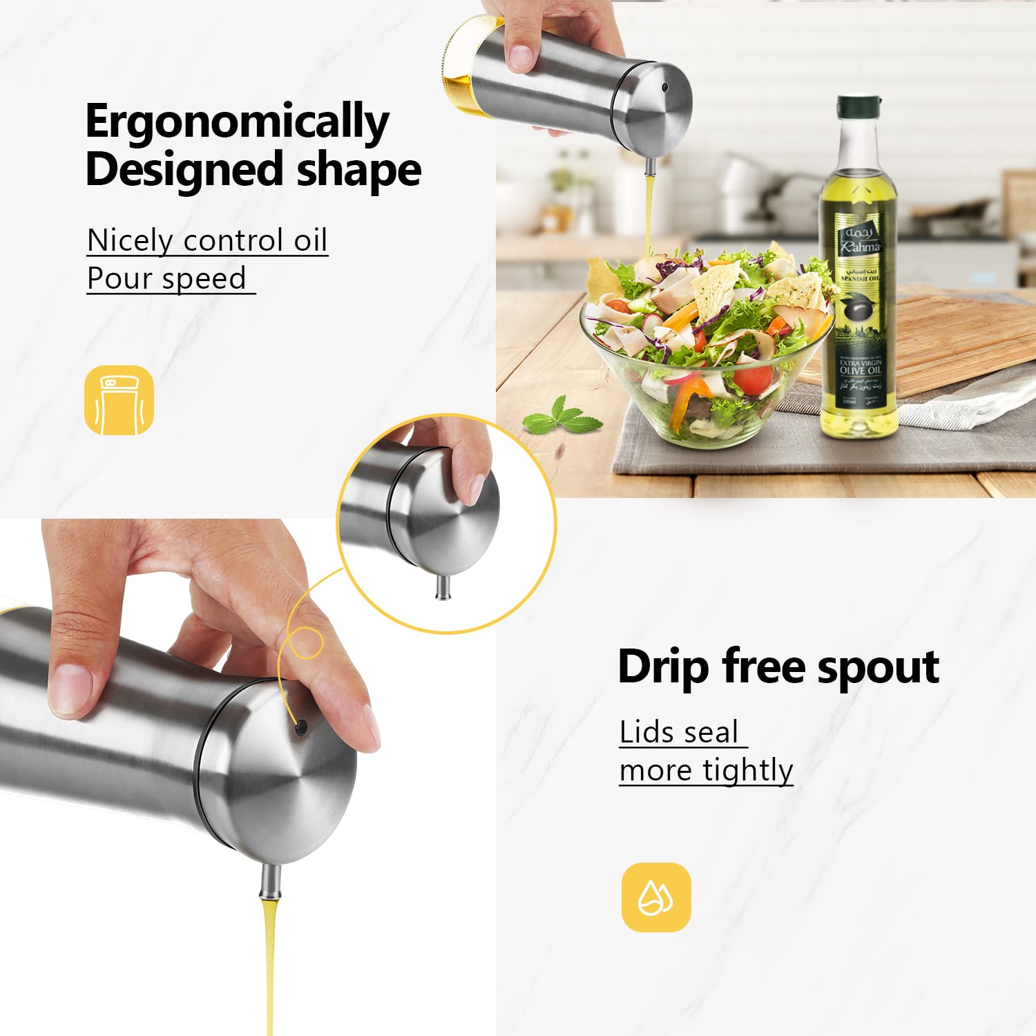 Premium Salt and Pepper Shaker Set with Oil Dispenser - Stainless Steel Kitchen Essentials for Cooking, Dining & Home Decor