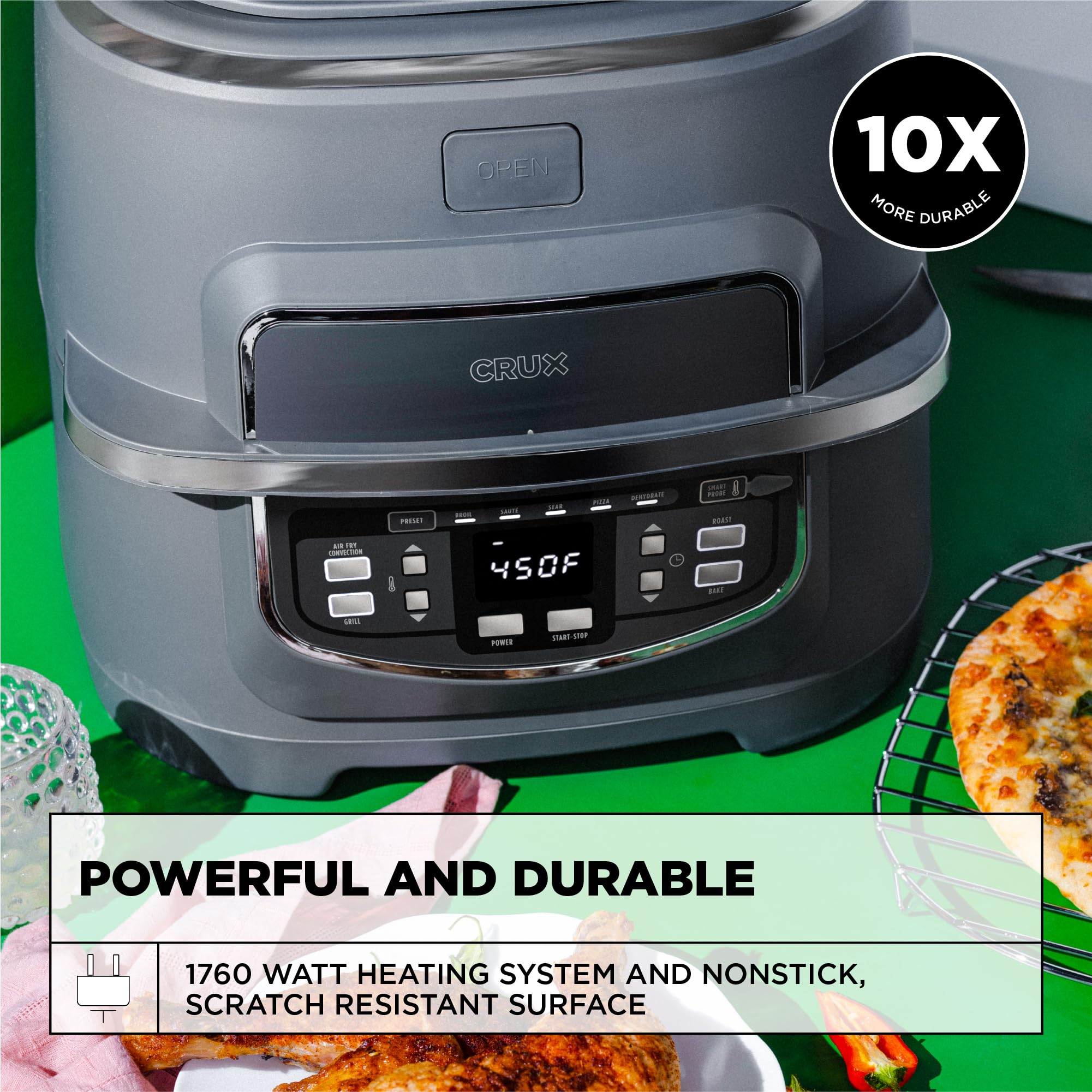CRUX Smokeless Indoor Grill and Digital Air Fryer Oven Combo - Adjustable Temperature, 5 Preset Functions, 12