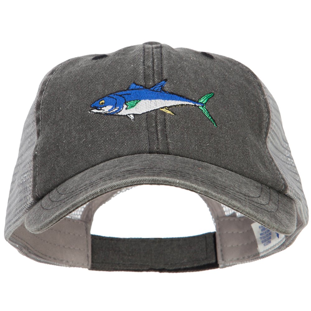 Bluefin Tuna Embroidered Washed Trucker Hat - Adjustable Snapback Baseball Cap for Fishing & Outdoor Activities | e4Hats.com
