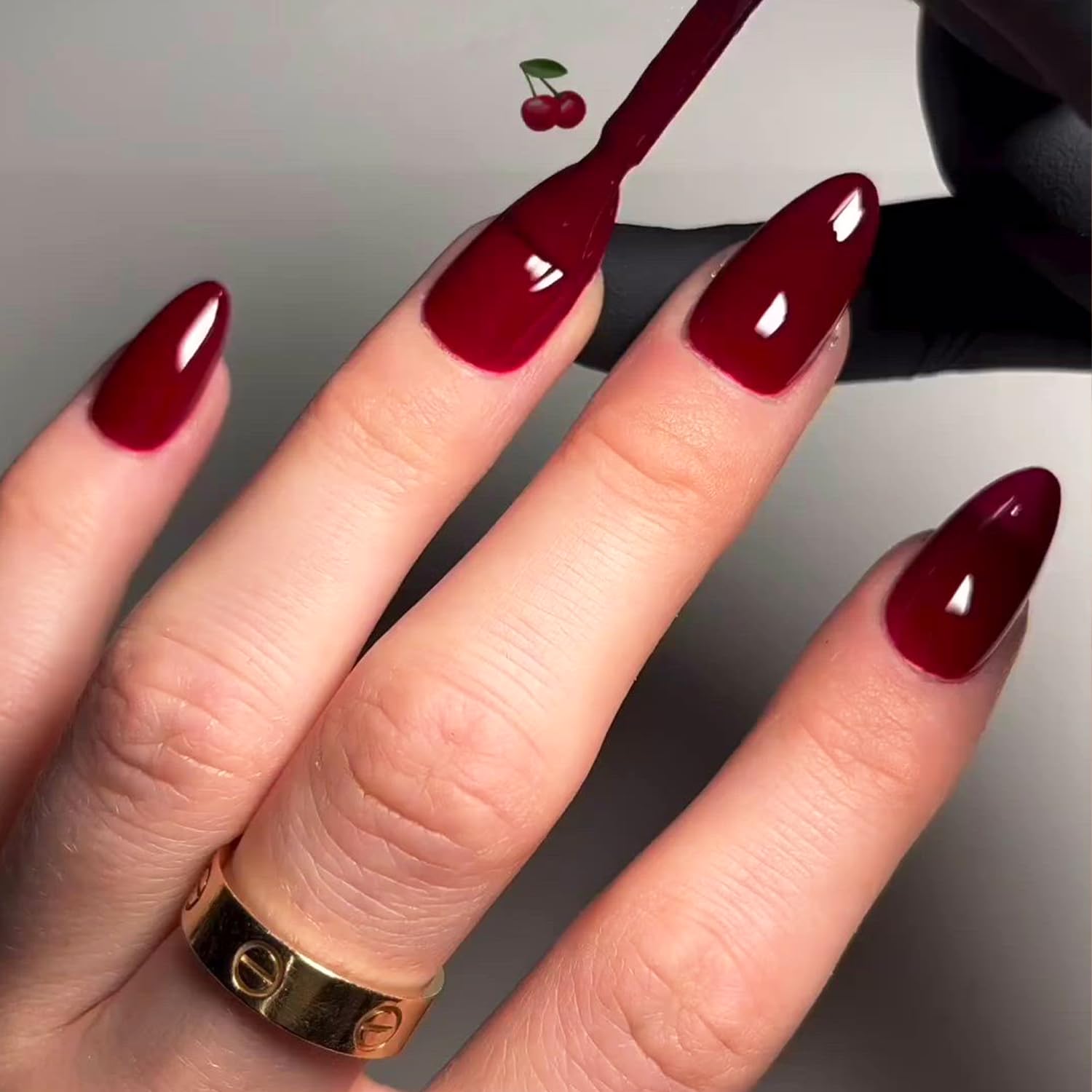 GLAMERMAID Cherry Red Press on Nails - Medium Almond Shape, Handmade Jelly Soft Gel Fake Nails - Dark Red Glue on Nails Stiletto & Burgundy Emo Style - Reusable Acrylic Stick on False Nails Kit for Women - Perfect for Parties, Weddings, Date Nights & Everyday Glam