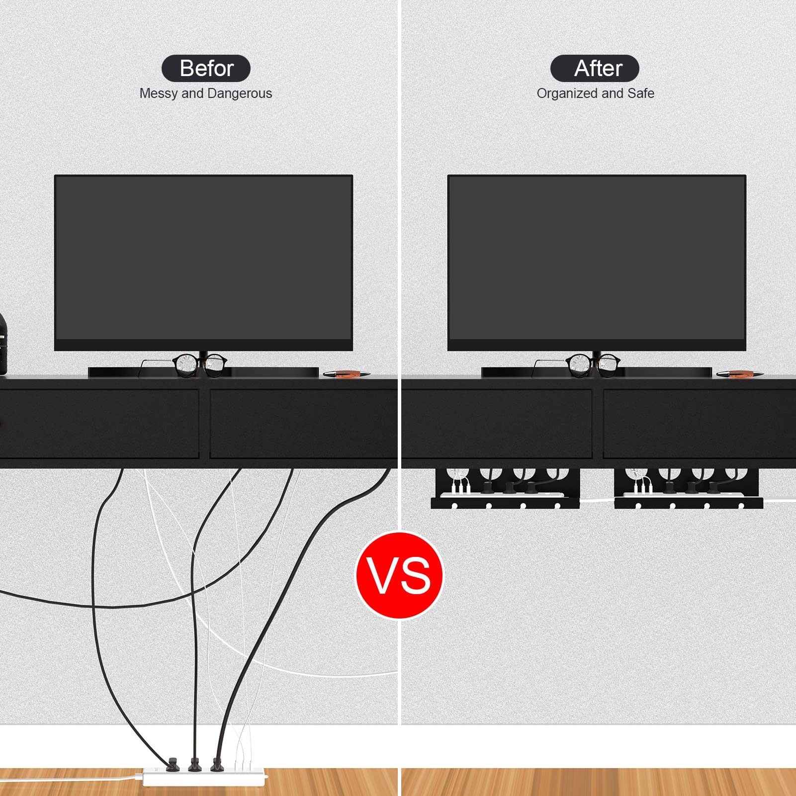 2 Pack Under Desk Cable Management Tray - Super Sturdy Metal Cable Raceway for Cords & Power Strips (12.6 Inch) | Organize Wires for Home Office & Gaming Setup