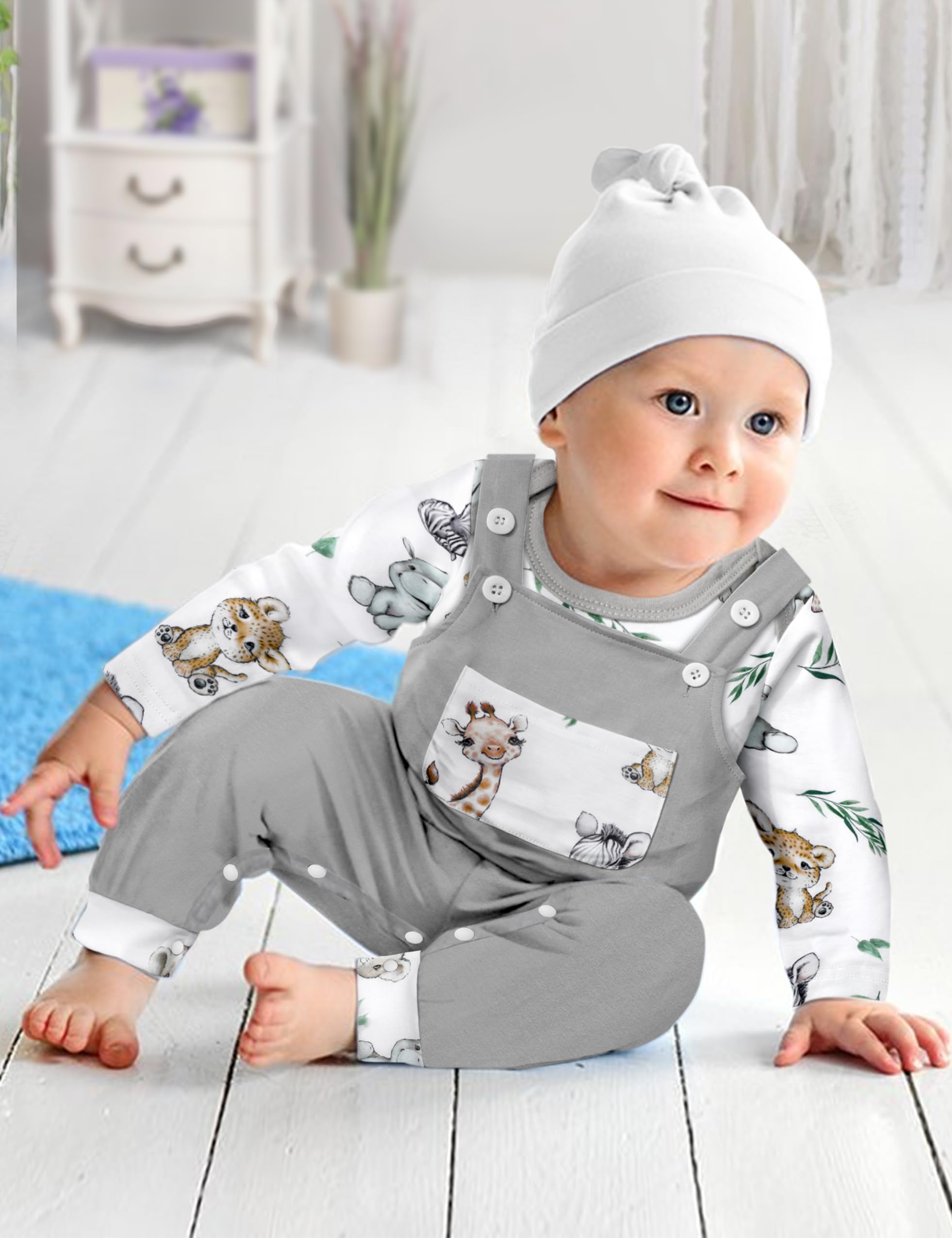 Baby Boy Clothes - Long Sleeve Animal Print Romper & Plaid Overalls Jumpsuit | Cute Outfits for Newborns & Infants | Perfect for Playdates, Photo Shoots & Special Occasions