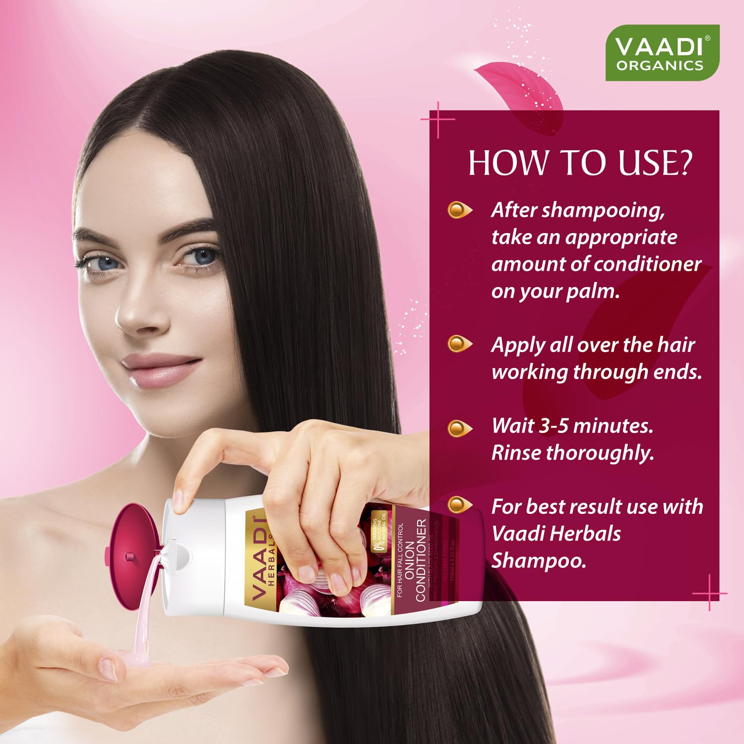 Vaadi Herbals Onion Hair Fall Conditioner for Dry Damaged Hair - Sulfate Free with Onion Extract, Black Seed Oil & Wheat Protein - Deep Hydration for Frizzy Hair - Perfect for Daily Hair Care & Repair (110ml)