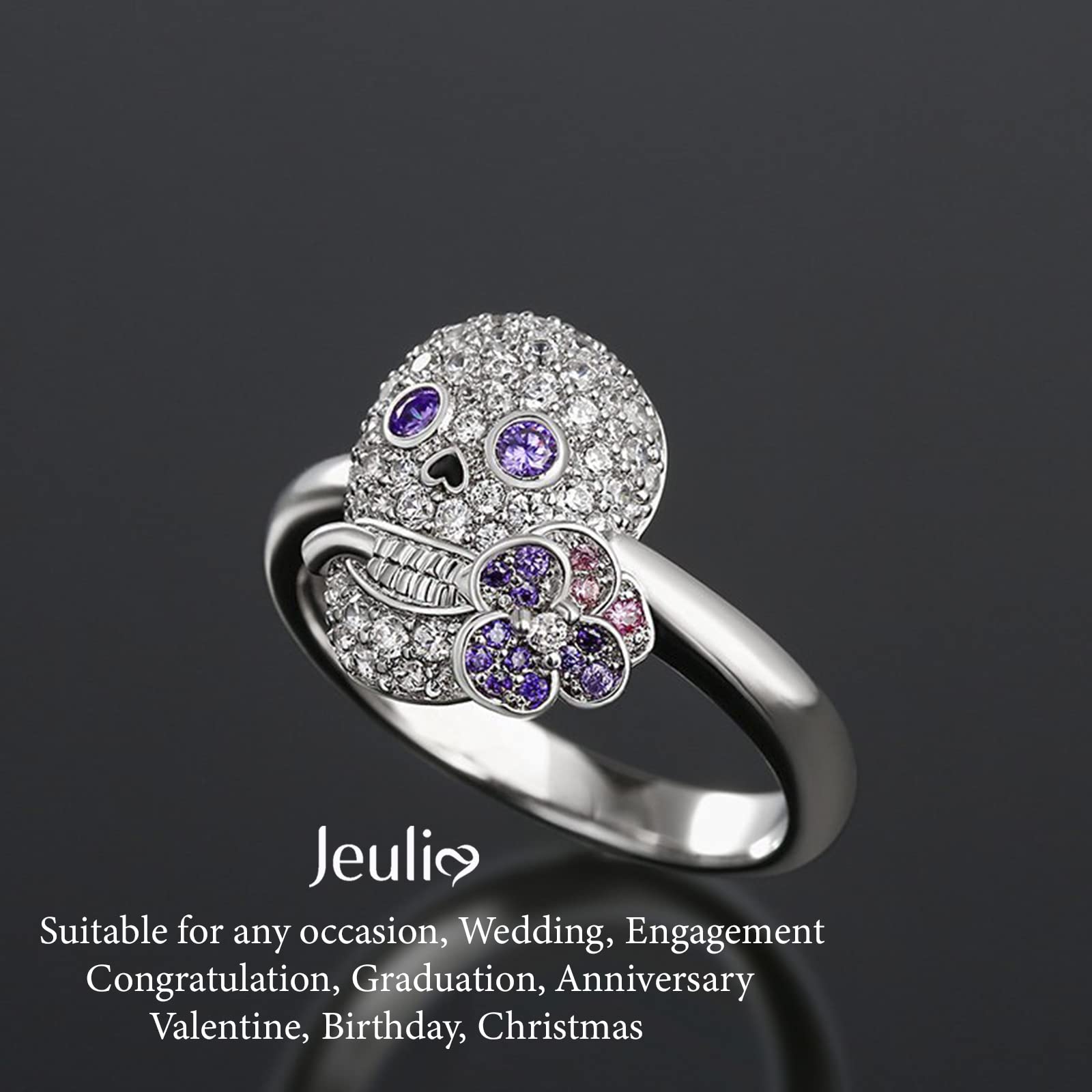 Jeulia Sterling Silver Skull Engagement Ring Set with Heart Cut White Diamond & Cubic Zirconia Flower Design - Wedding, Promise, Anniversary Jewelry for Women & Brides (Gift Box Included) - Perfect for Gothic Weddings, Unique Proposals & Alternative Fashion Statements
