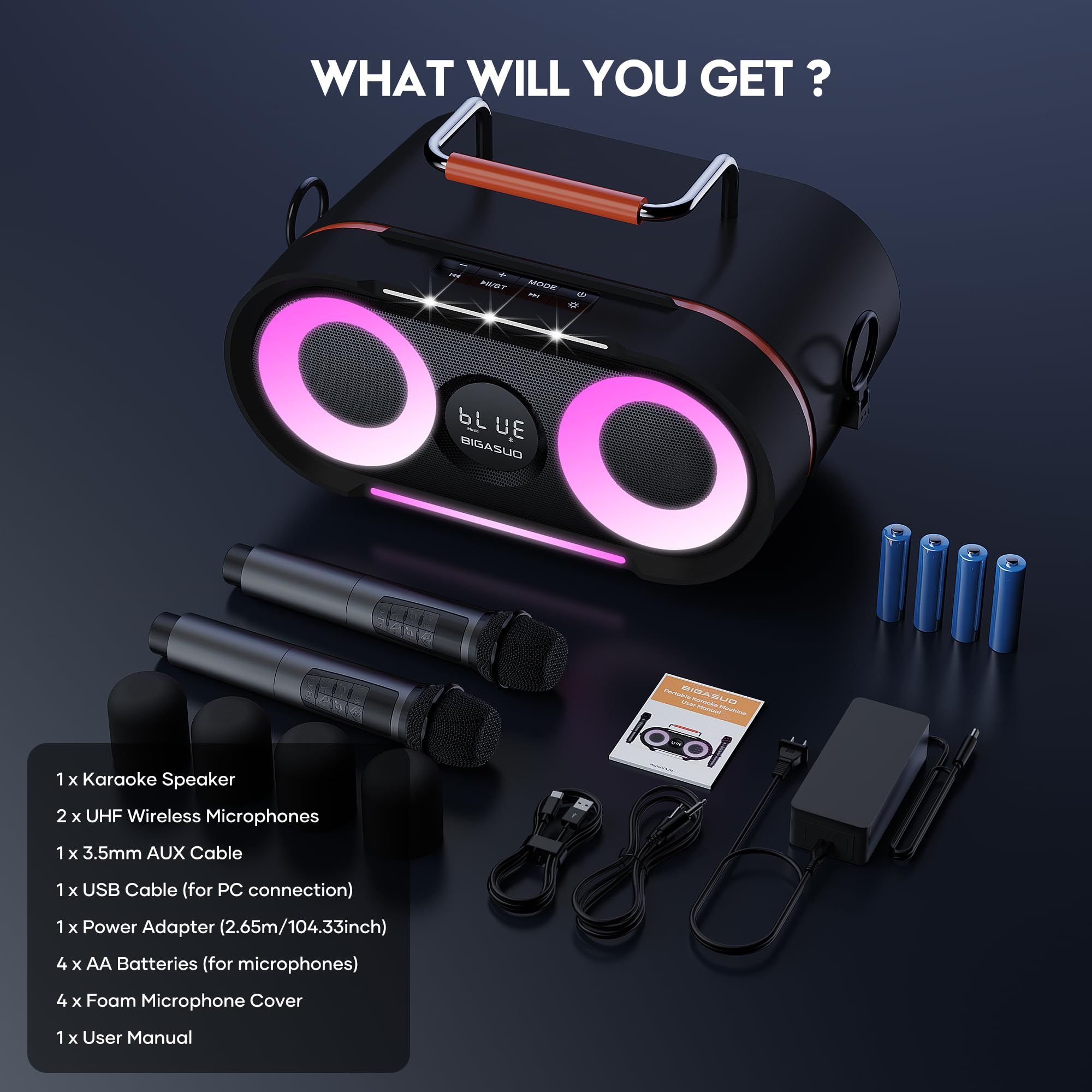 BIGASUO Portable Bluetooth Karaoke Machine with Deep Bass & Flashing Lights - Wireless PA Speaker System with 2 UHF Microphones for Home, Party, Wedding & Outdoor Singing | Perfect for Family Gatherings, Birthday Celebrations and Camping Entertainment