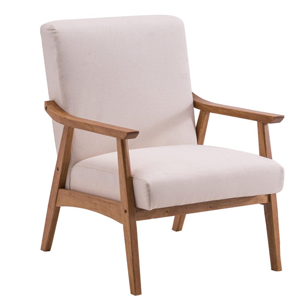 Mid-Century Modern Accent Armchair - Retro Wooden Arm Tufted Fabric Lounge Chair for Living Room, Bedroom, Home Office & Dorm - Cozy Reading Seat in Beige - Perfect for Relaxing, Working & Small Spaces