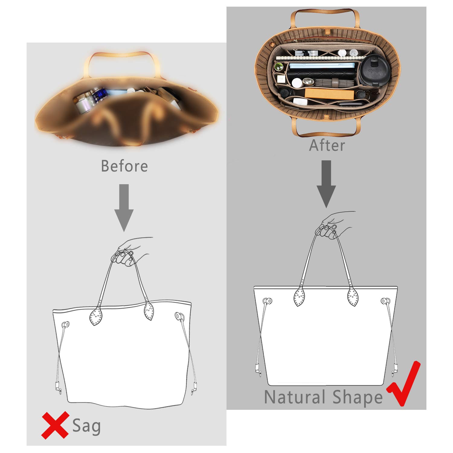 Premium Felt Purse Organizer Insert with Zipper & Sewn Bottom - 6 Sizes for Louis Vuitton Speedy, Neverfull, Graceful Handbags | Handbag Storage Solution for Travel & Daily Use