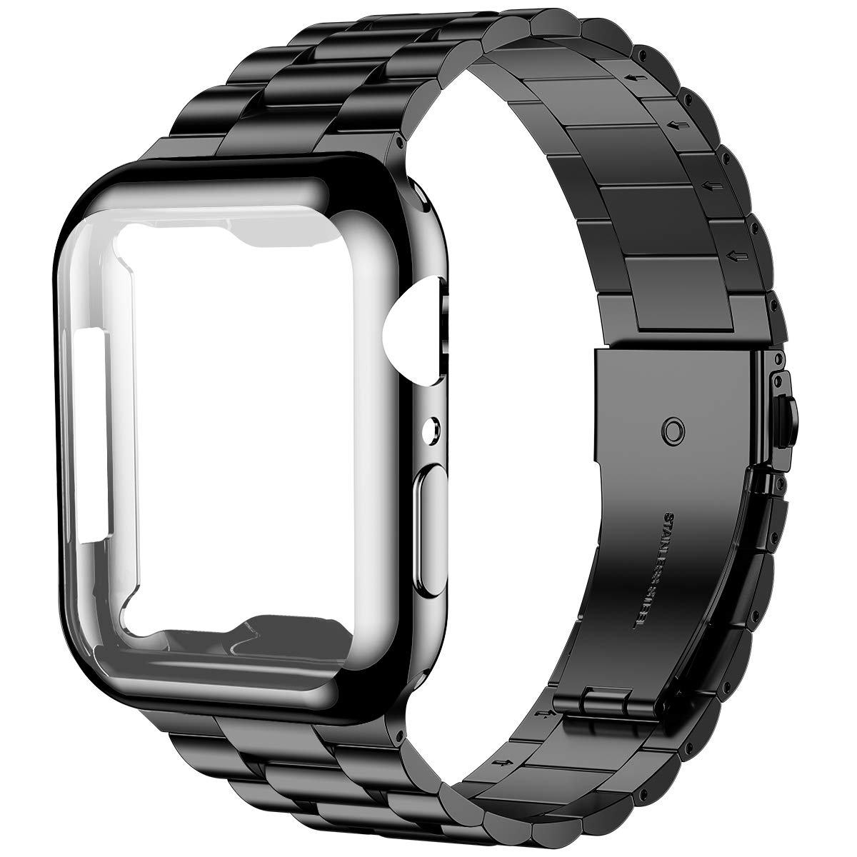Premium Stainless Steel Apple Watch Band 44mm Compatible with Series 6/5/4/SE - Durable Metal iWatch Strap with Screen Protector Case for Men & Women (Black) - Perfect for Workouts, Office & Everyday Wear