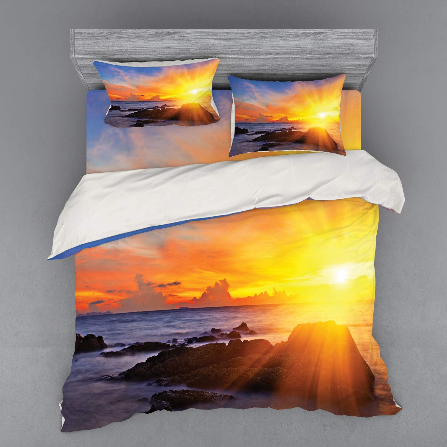 Ambesonne King Size Beach Bedding Set - 4 Piece Duvet Cover with Shams & Fitted Sheet, Tropical Sunset Fantasy Landscape Print in Orange & Blue - Perfect for Coastal, Vacation Home & Summer Bedroom Decor