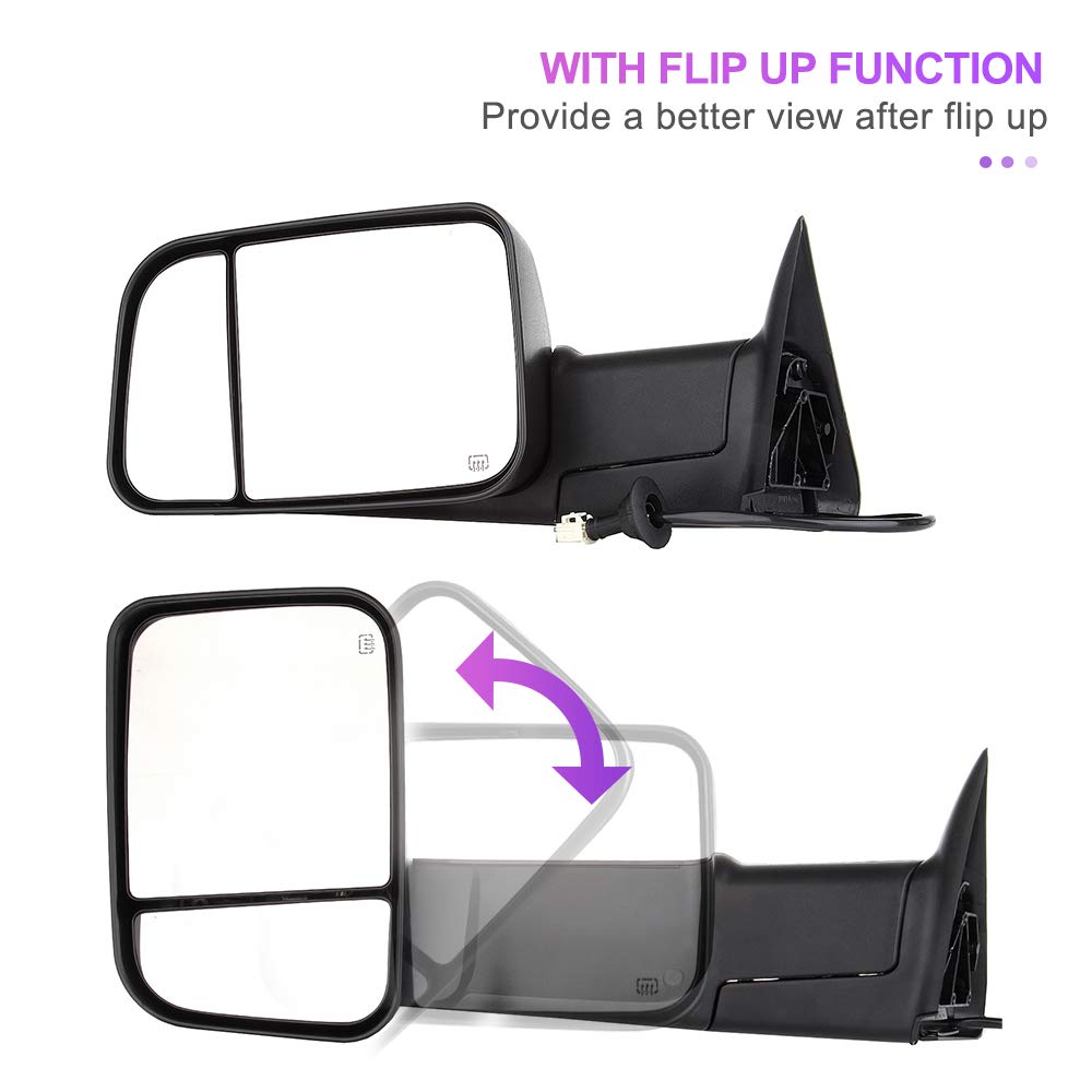 INEEDUP Towing Mirrors for Dodge Ram 1500/2500/3500 (1998-2001) - Power Heated Side Mirrors with Black Housing - Perfect for Truck Towing & Off-Road Adventures