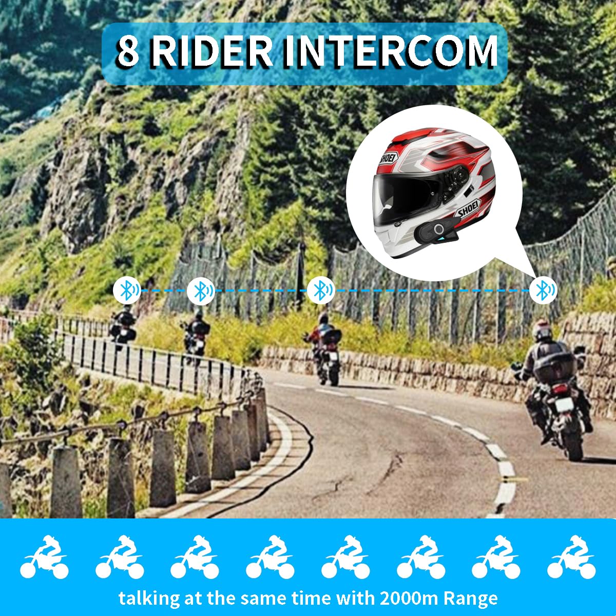 Motorcycle Helmet Bluetooth 5.0 with 8-Person Group Intercom, 6 Color Options, FM Radio, IPX67 Waterproof & DSP/CVC Noise Cancellation - Compatible with Snowmobile, ATV, Dirt Bike Riding | Perfect for Group Rides, Off-Road Adventures & Long-Distance Touring