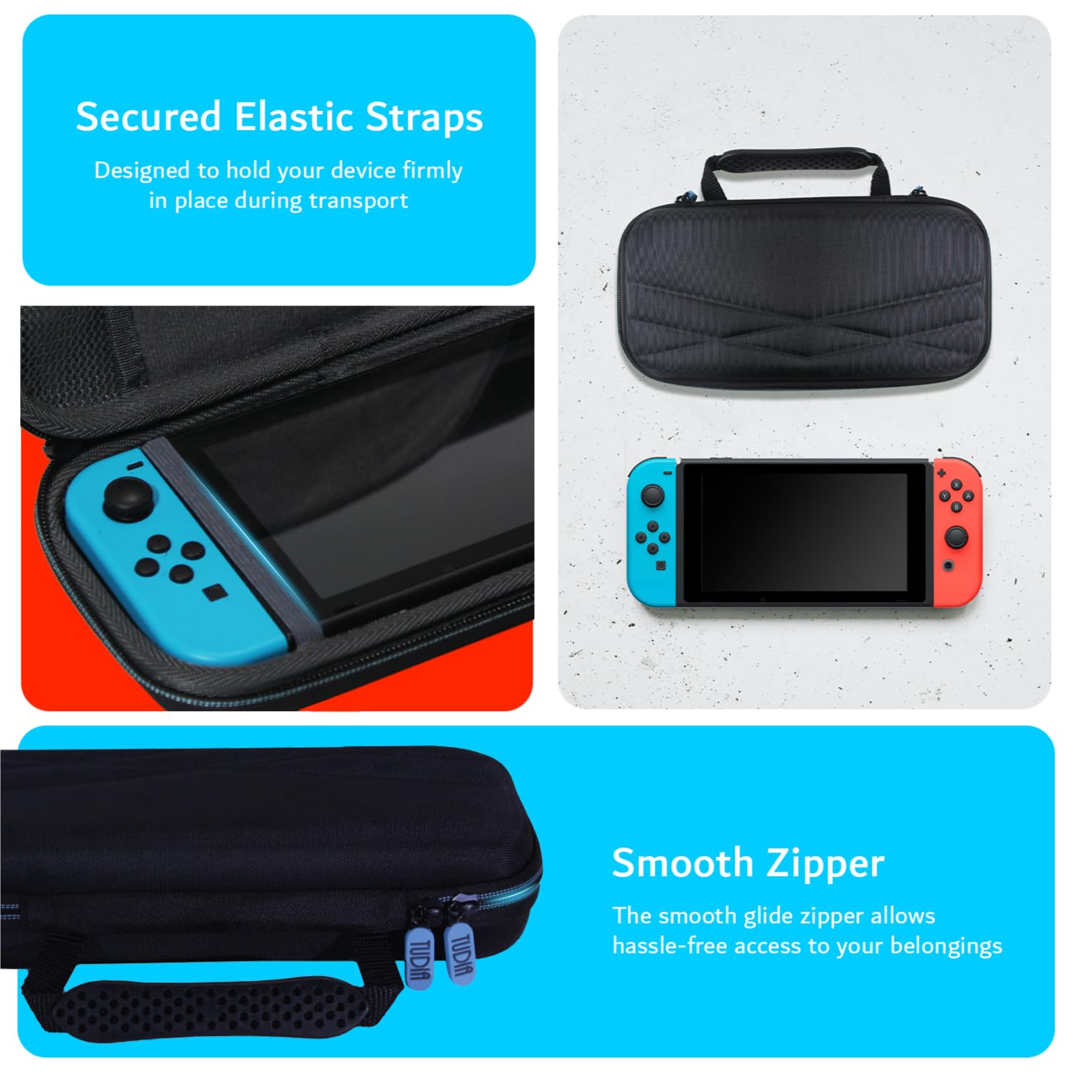 TUDIA Shockproof Water Resistant Travel Hard Case for Nintendo Switch - EVA Protective Cover with Game Card & Accessory Storage - Portable Anti-Scratch Full Body Protection - Black - Perfect for Travel, Commuting & Gaming On-The-Go