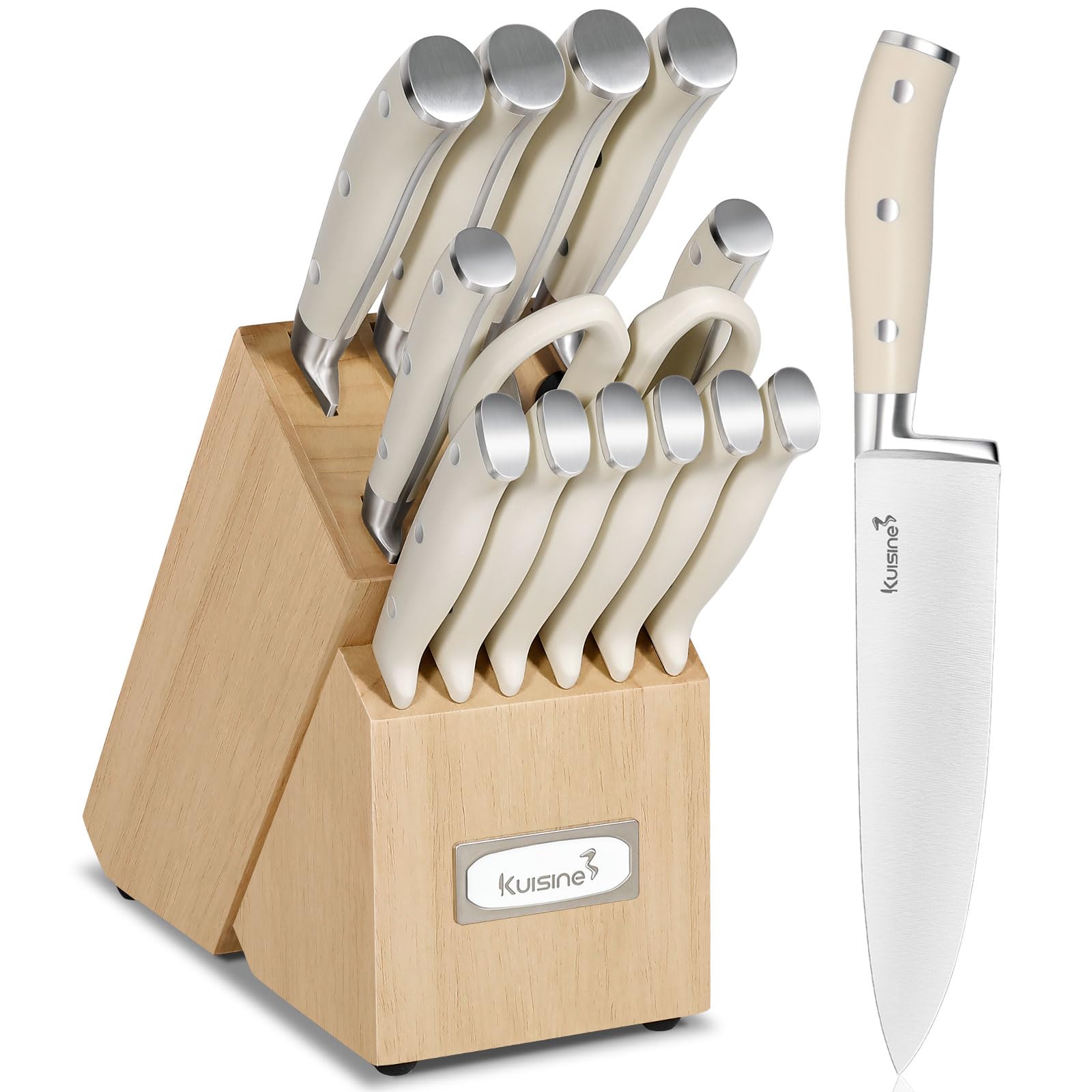 Premium Kuisine 15-Piece Chef Knife Set - High Carbon Stainless Steel Kitchen Knives with Ergonomic Handle & Built-in Sharpener - Professional Knife Block Set for Home Chefs & Cooking Enthusiasts - Perfect for Slicing, Dicing, and Food Preparation