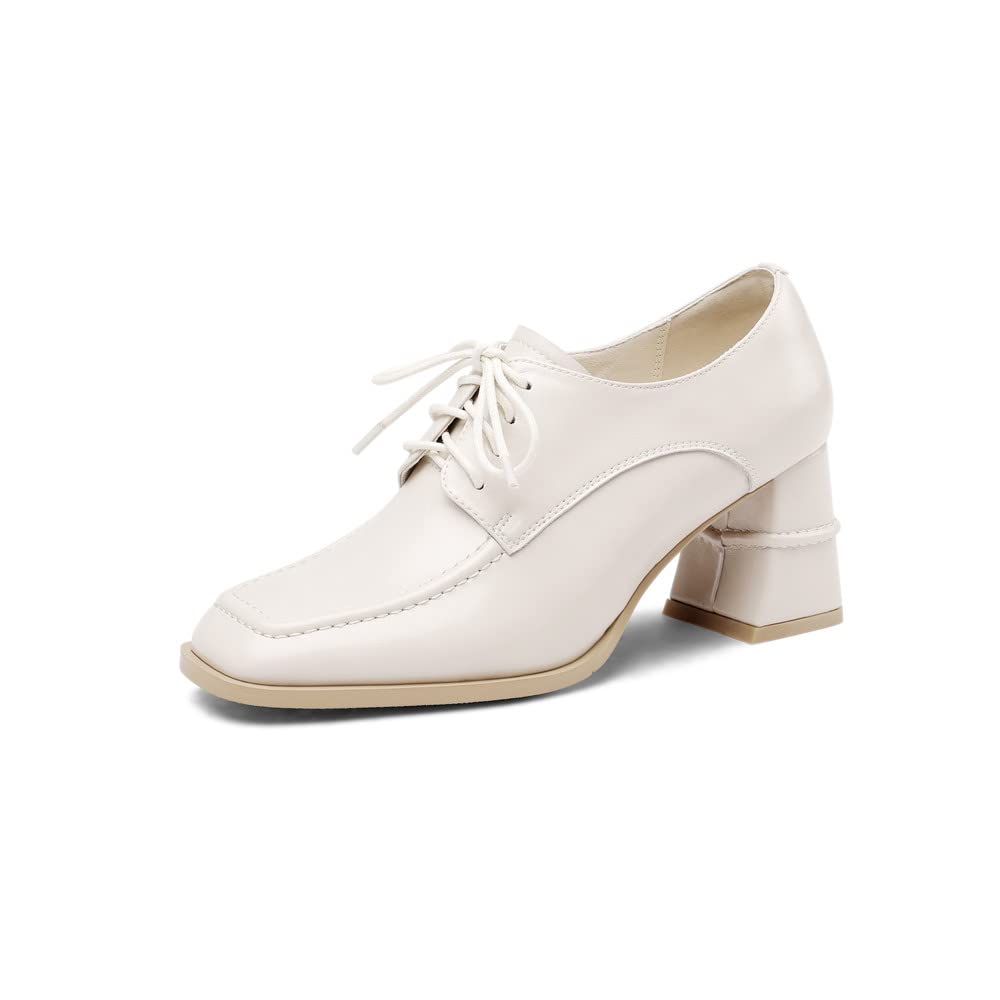TinaCus Genuine Leather Women's Oxford Shoes - Square Toe Lace-Up Casual Shoes with Chunky Mid Heel | Handmade Comfort Footwear for Work, Office & Everyday Wear