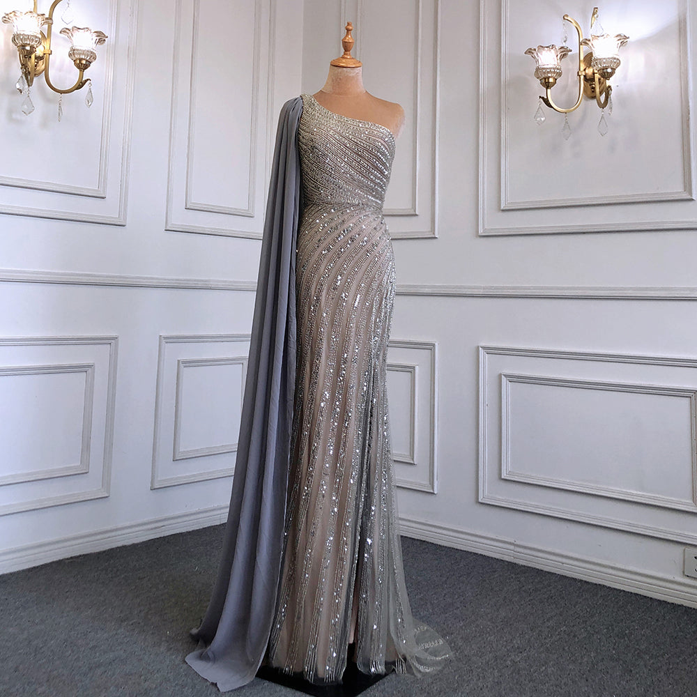 Elegant Pink Mermaid One Shoulder Cape Sleeve Evening Dress with High Slit & Beaded Details - Luxury Prom Gown for Women 2025 | Perfect for Weddings, Galas & Formal Events