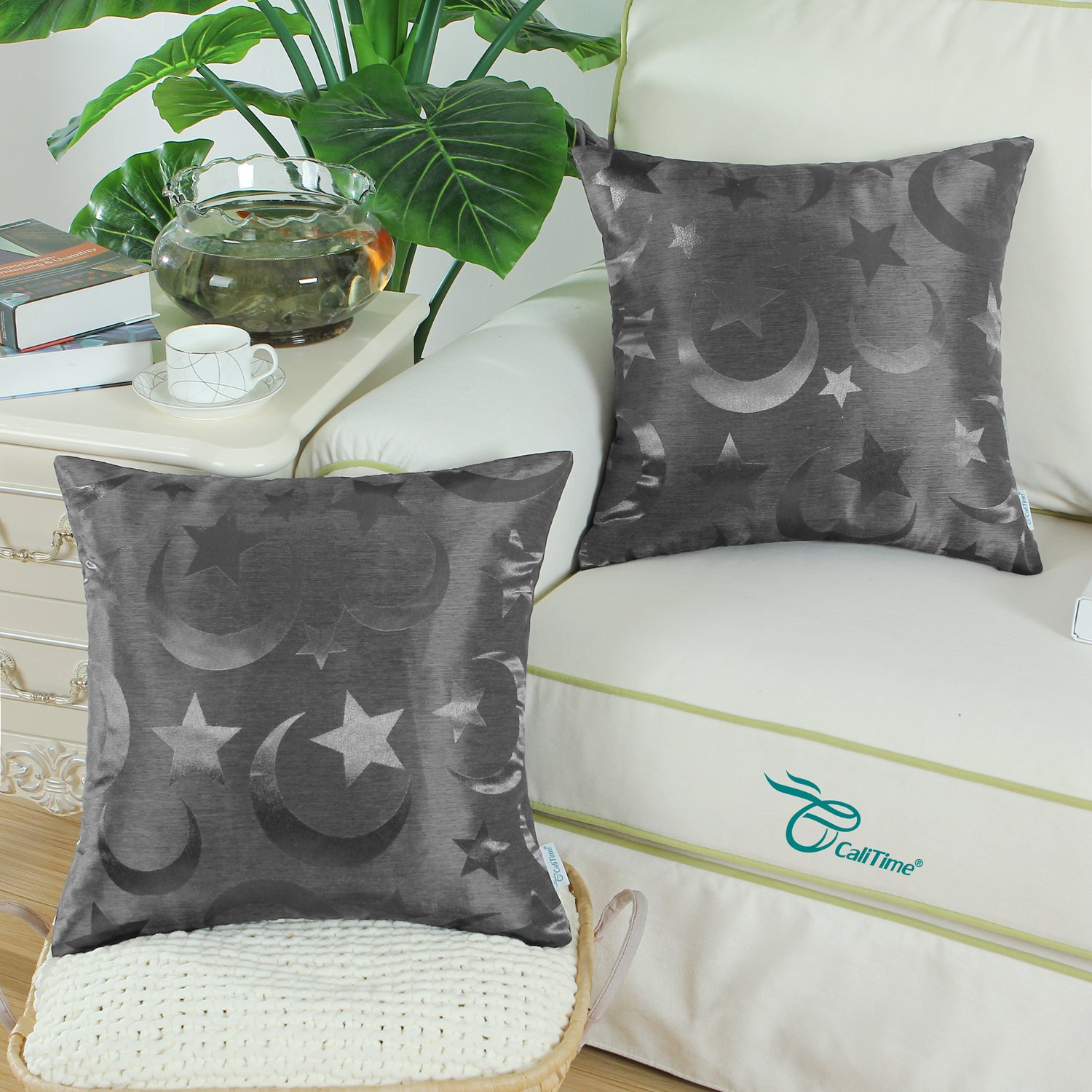 CaliTime 2 Pack Throw Pillow Covers 18x18 Inches - Modern Star & Moon Design with Shining & Dull Contrast for Couch, Sofa, Bedroom Decor - Perfect for Living Room, Nursery & Home Styling (Grey)
