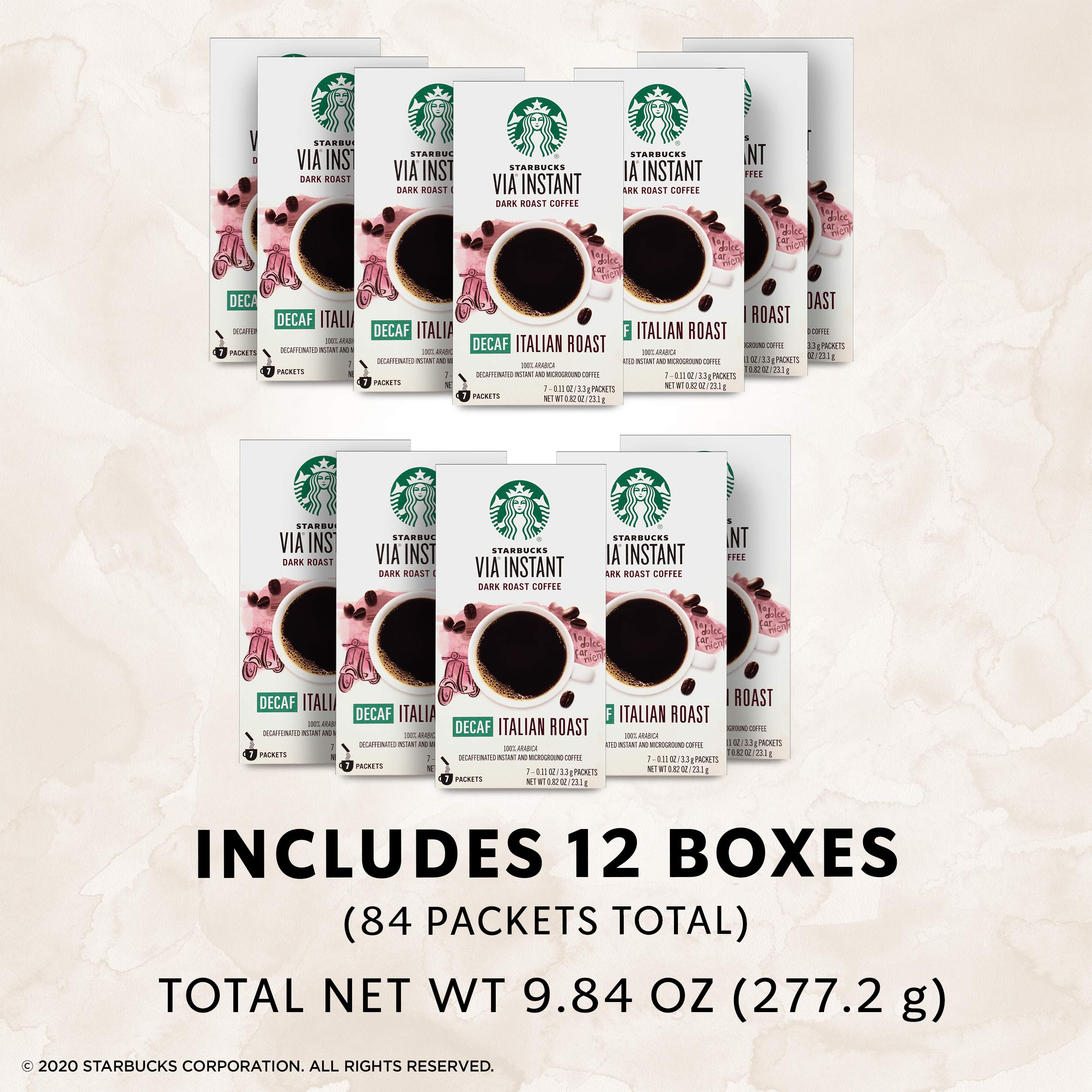 Starbucks VIA Instant Decaf Italian Dark Roast Coffee Packets - 12 Boxes (84 Packets) - Perfect for Travel, Office & Home Brewing