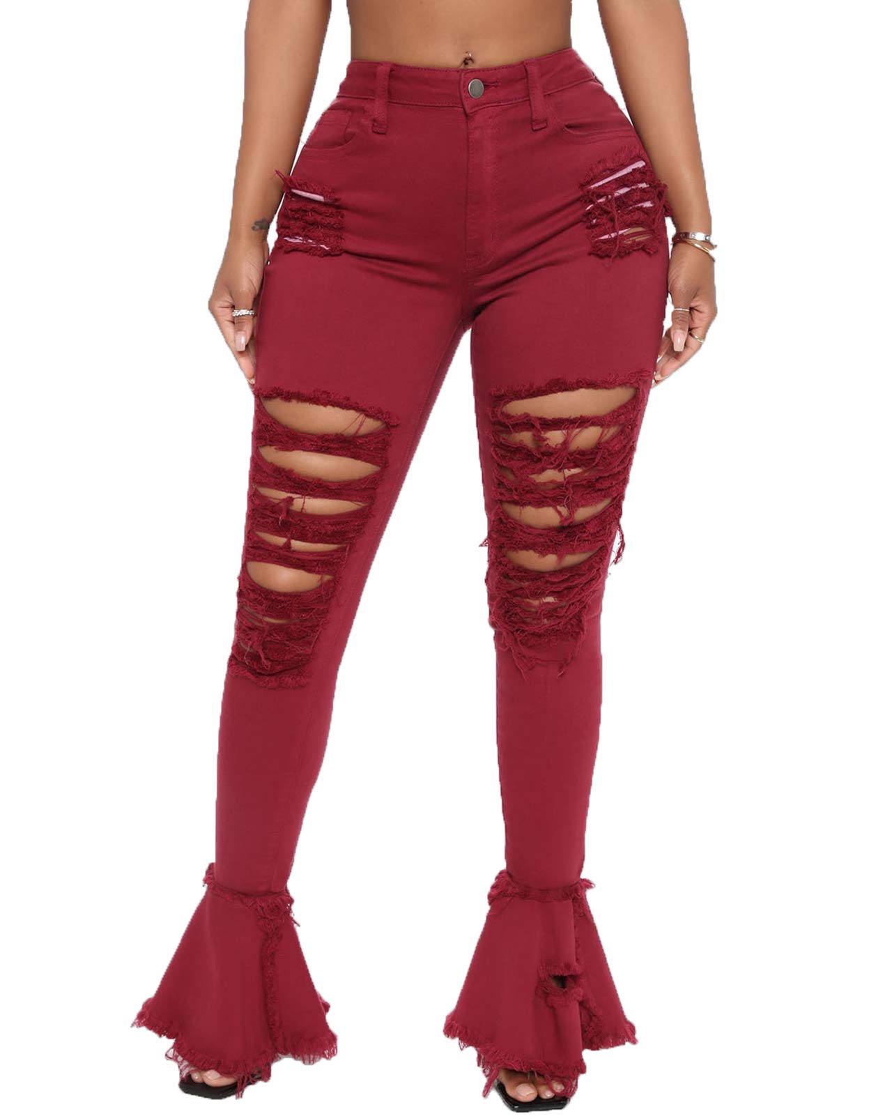 Women's High Waist Bell Bottom Jeans - Distressed Ripped Flare Denim Pants with Elastic Waist & Raw Hem | Retro 70s Style for Casual Outfits & Music Festivals