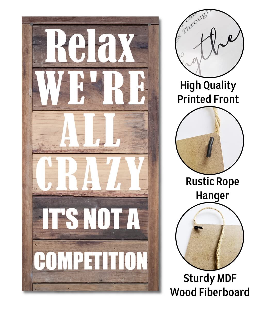 Funny Hanging Family Sign - Relax We're All Crazy Wall Art | Printed Wood Home Decor | Hanging Door Signs for Living Room, Bedroom & Entryway | Unique Gift for Housewarming & Family Gatherings