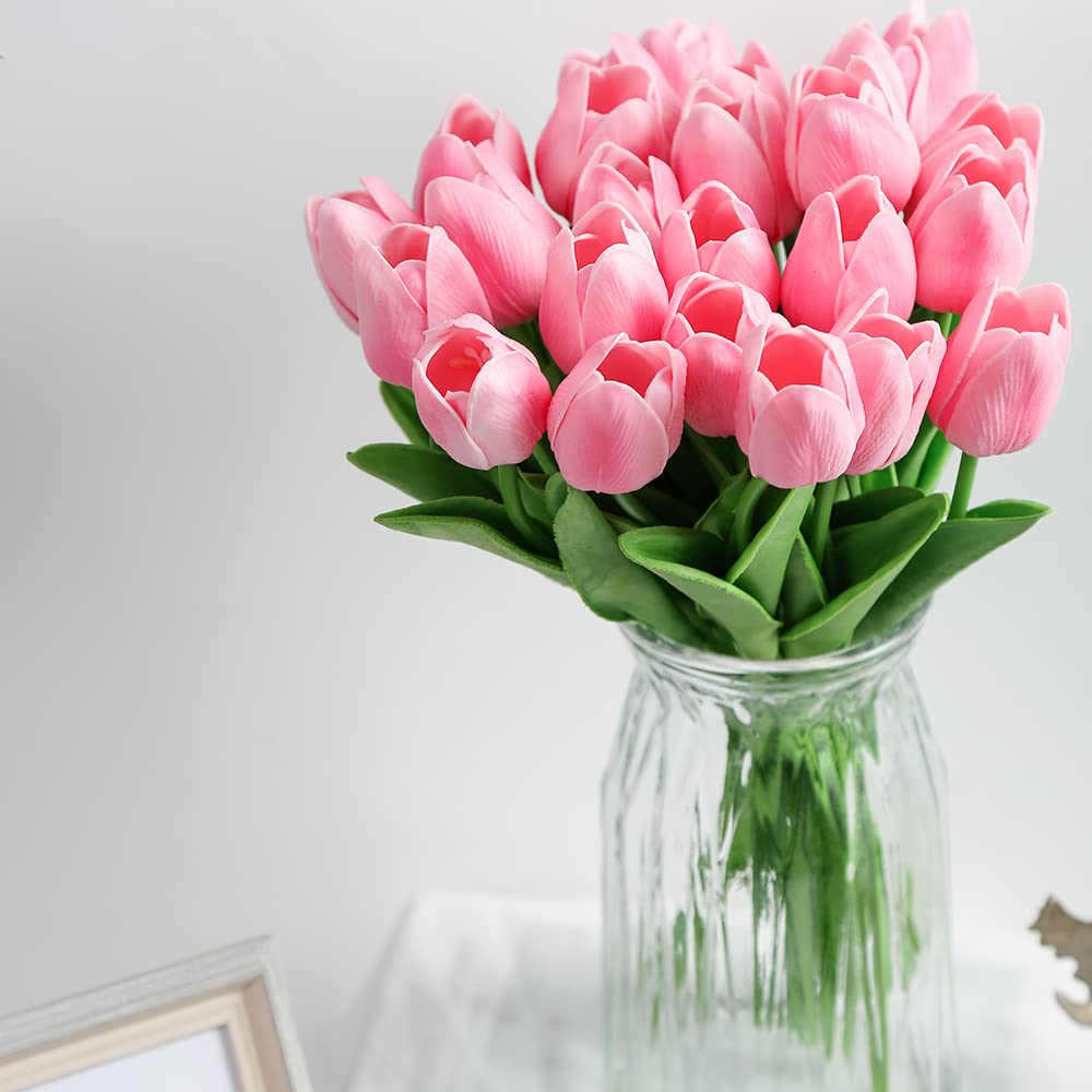 IPOPU 24PCS Real Touch Pink Tulips Artificial Flowers - Faux Silk Tulip Stems for Home Decor, Wedding Bouquets, Baby Showers, Bridal Centerpieces & Party Decorations (Pink) | Perfect for Spring Home Styling, Table Arrangements and Photo Backdrops