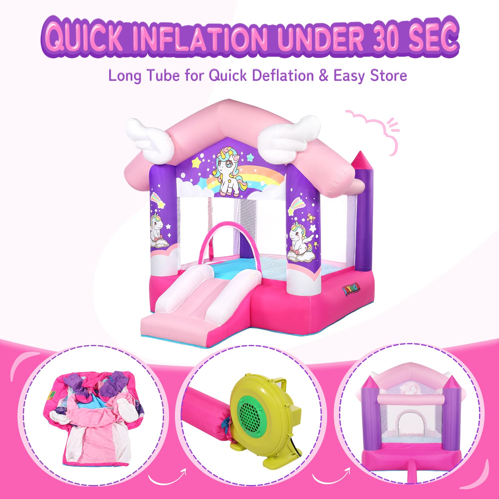 JOYMOR Unicorn Princess Inflatable Bounce House with Slide - Pink Kids Bouncy Castle for Indoor & Outdoor Play (Ages 3-6) | Birthday Parties, Backyard Fun, Summer Activities (Blower Included)