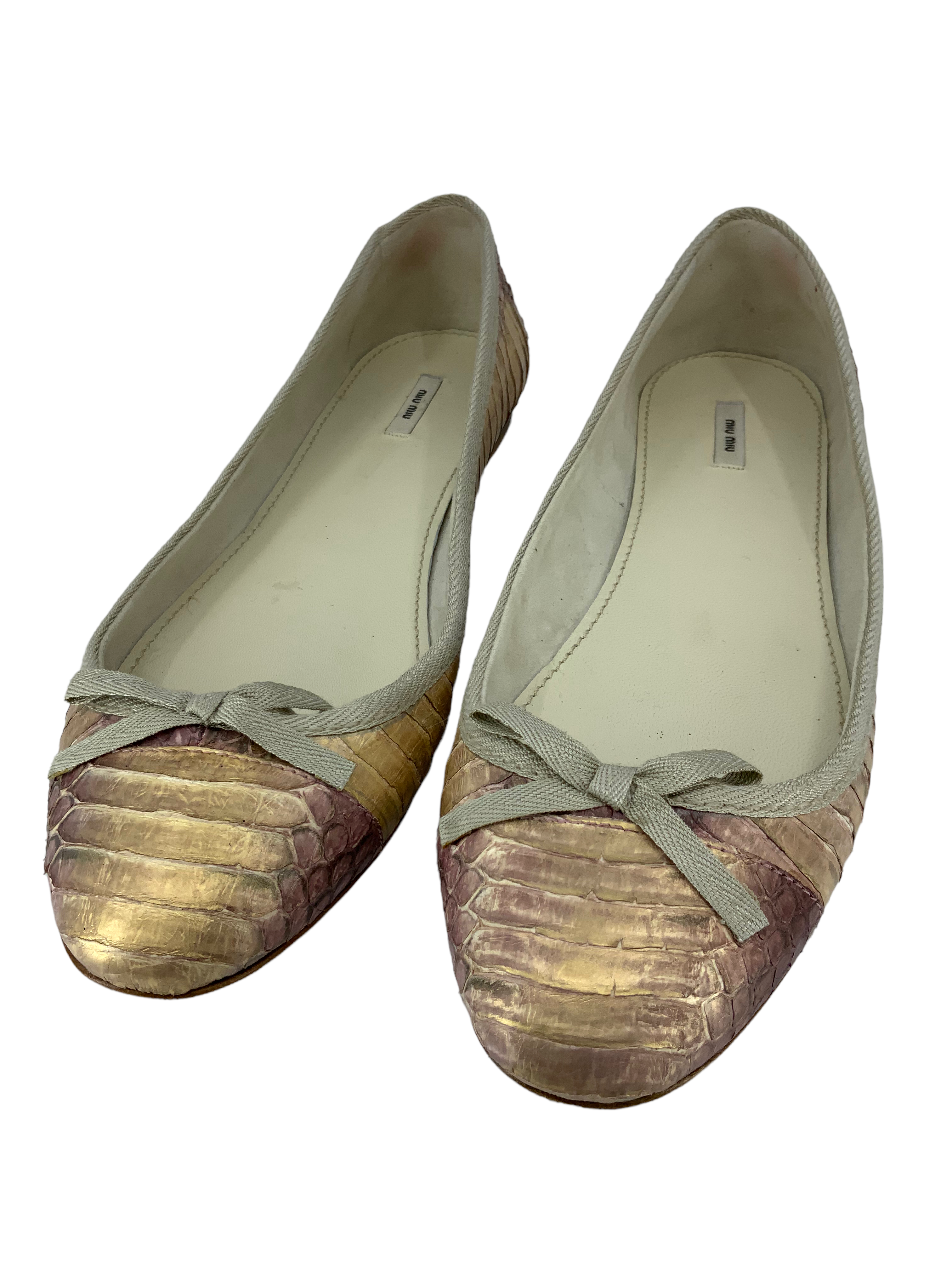 Miu Miu Women's Metallic Snakeskin Ballet Flats - Size 8 | Comfortable & Stylish Pointed Toe Shoes for Work, Party & Everyday Wear