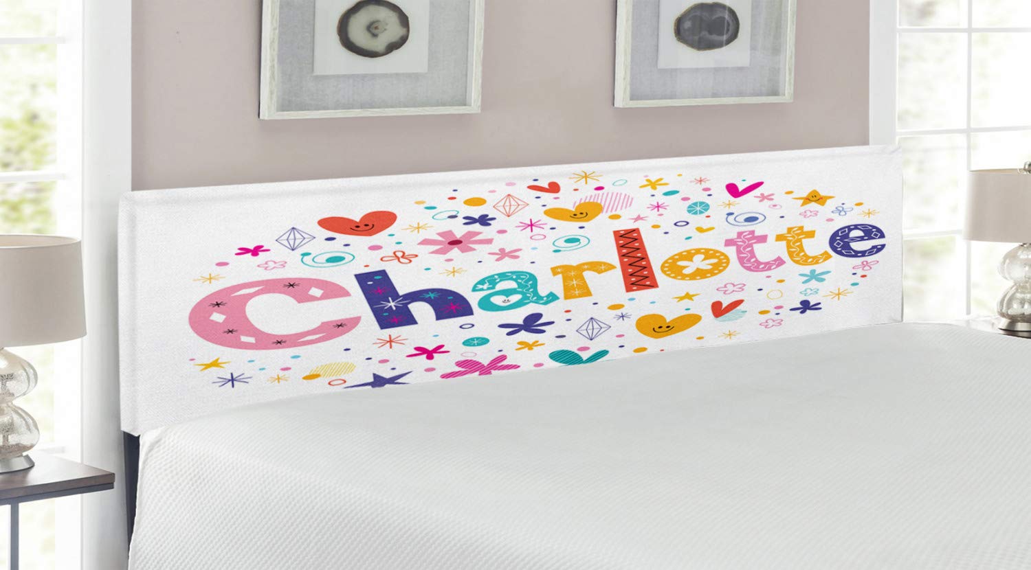 Ambesonne Charlotte Upholstered King Size Headboard - Happy Smiling Stars & Hearts Design, Decorative Metal Bed Frame with Memory Foam | Colorful Female Name Pattern | Perfect for Girls' Bedroom, Dorm Room Decor & Teen Room Makeover