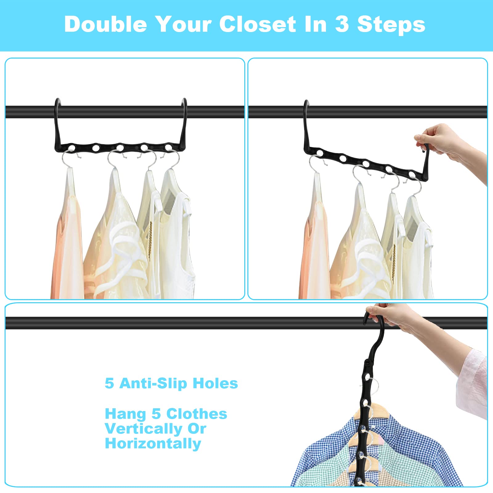 10-Pack Space Saving Hangers - 5-Hole Magic Closet Organizers | Heavy Duty Plastic Clothes Hangers for Wardrobe Storage | Perfect for College Dorm, Home Organization & Travel (Black)